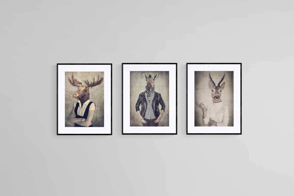 Animal Heads Art Set-Wall_Art-45 x 60cm (x3)-Framed Print-Black-Pixalot