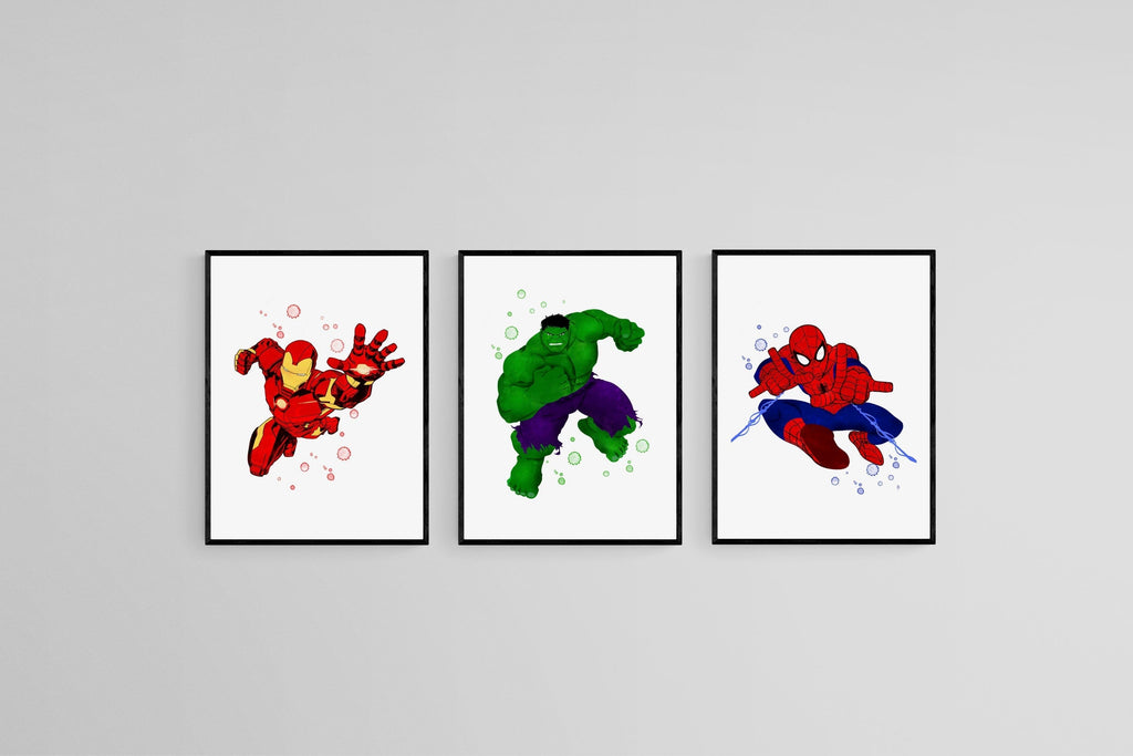 Avengers Set of 3-Wall_Art-45 x 60cm (x3)-Mounted Canvas-Black-Pixalot