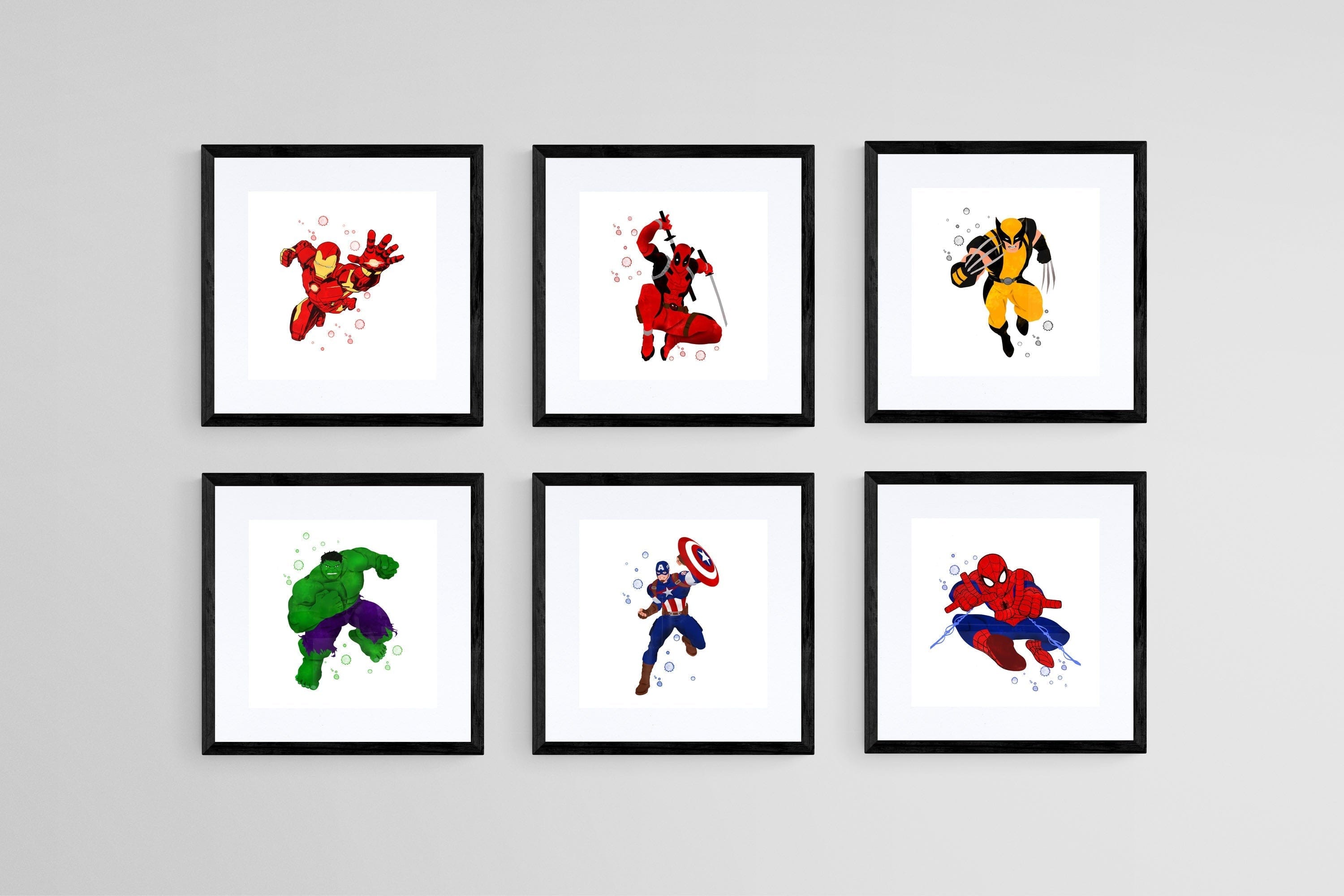 Avengers Set of 6-Wall_Art-30 x 30cm (x6)-Framed Print-Black-Pixalot