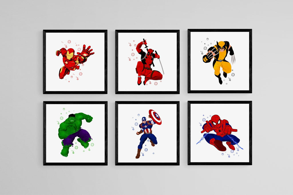 Avengers Set of 6-Wall_Art-30 x 30cm (x6)-Mounted Canvas-Black-Pixalot