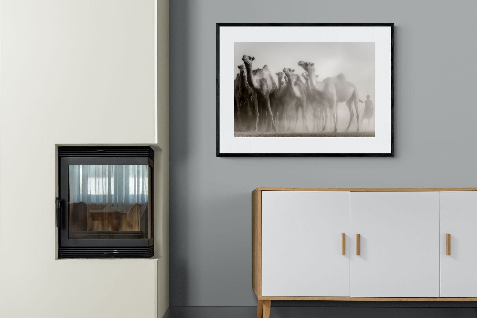 Camels in the Dust-Wall_Art-100 x 75cm-Framed Print-Black-Pixalot