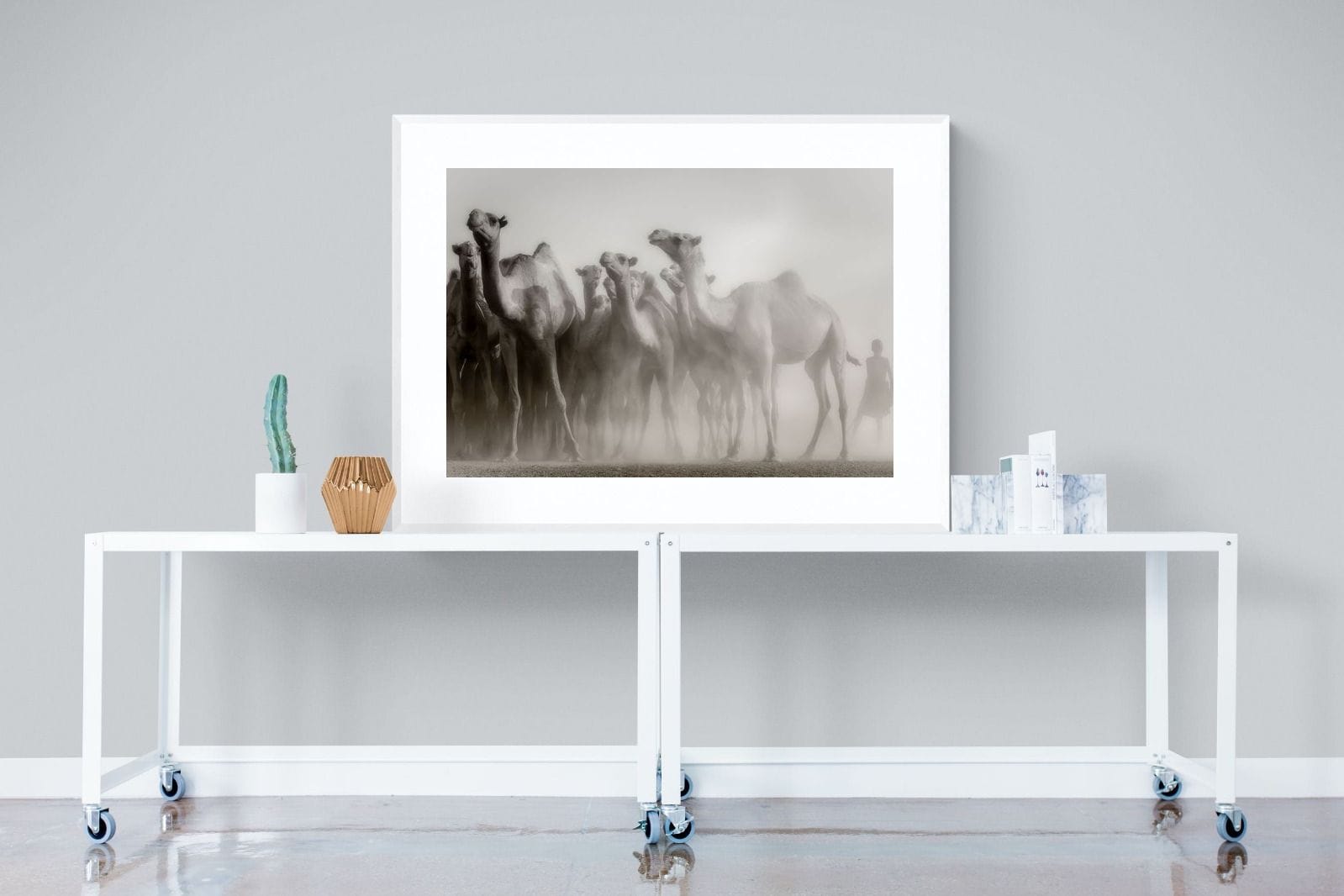 Camels in the Dust-Wall_Art-120 x 90cm-Framed Print-White-Pixalot