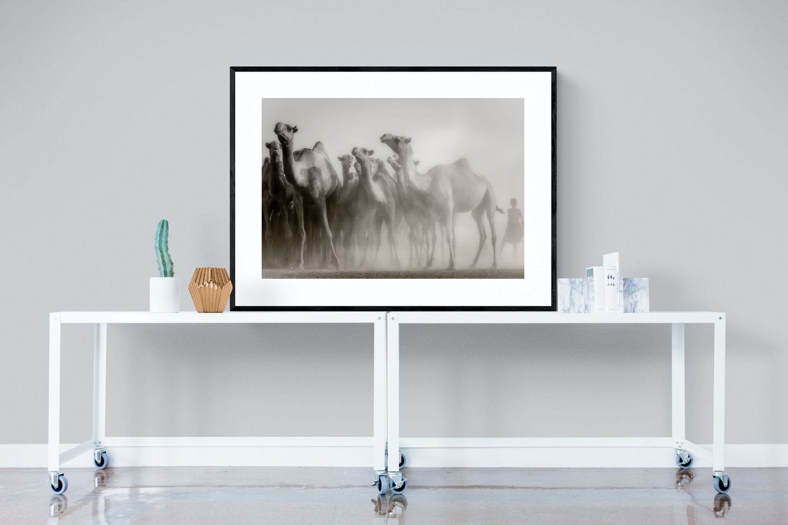 Camels in the Dust-Wall_Art-120 x 90cm-Framed Print-Black-Pixalot