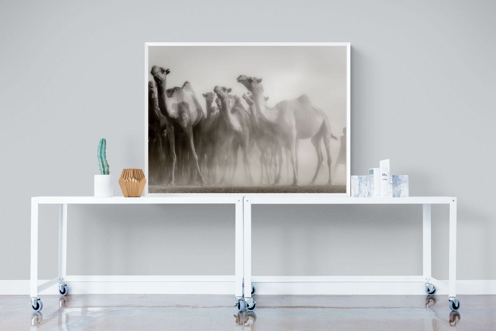 Camels in the Dust-Wall_Art-120 x 90cm-Mounted Canvas-White-Pixalot
