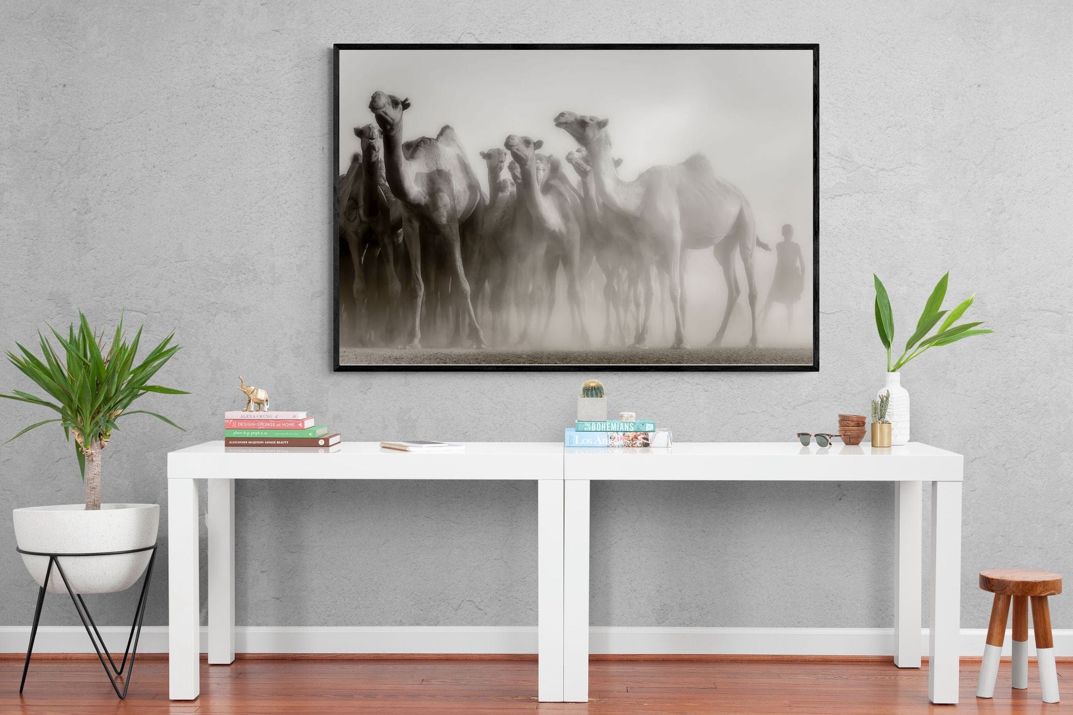 Camels in the Dust-Wall_Art-150 x 100cm-Mounted Canvas-Black-Pixalot