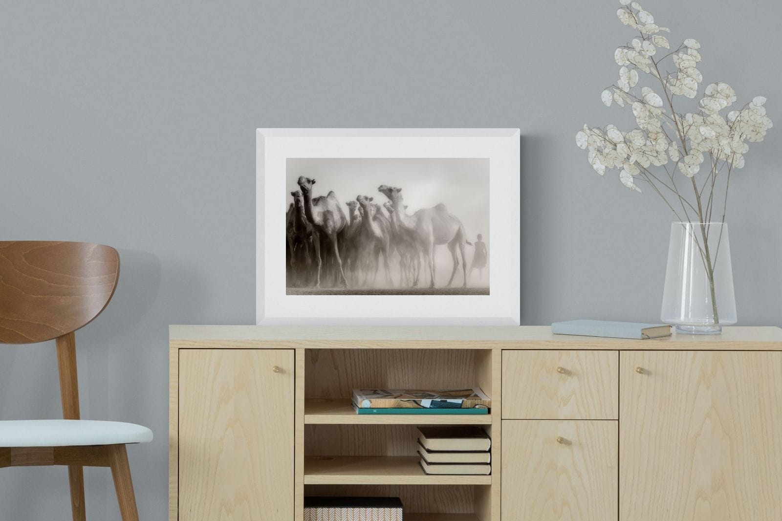 Camels in the Dust-Wall_Art-60 x 45cm-Framed Print-White-Pixalot