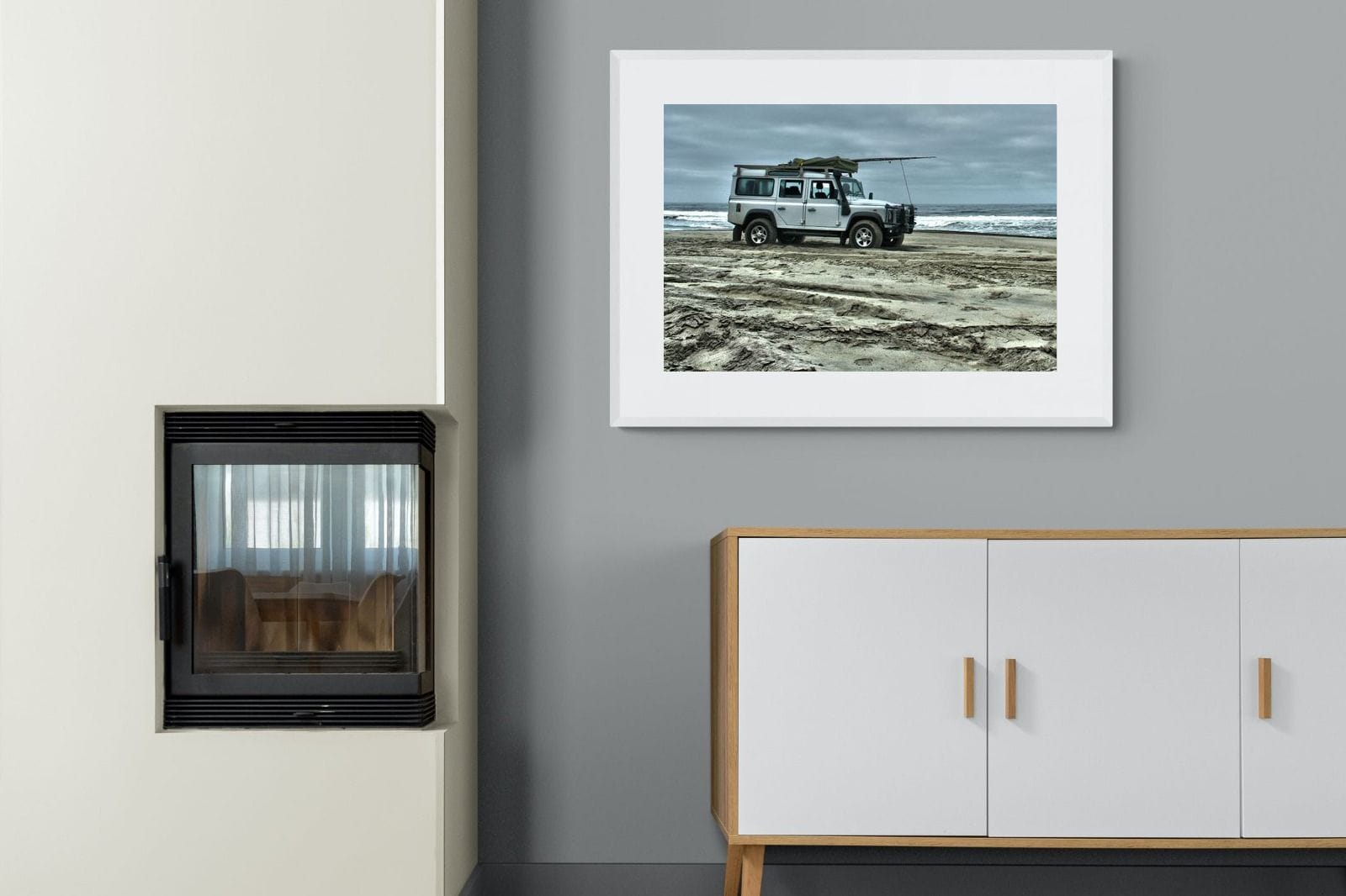 Defender at the Beach-Wall_Art-100 x 75cm-Framed Print-White-Pixalot