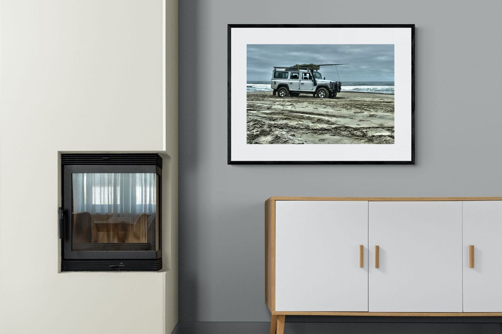 Defender at the Beach-Wall_Art-100 x 75cm-Framed Print-Black-Pixalot