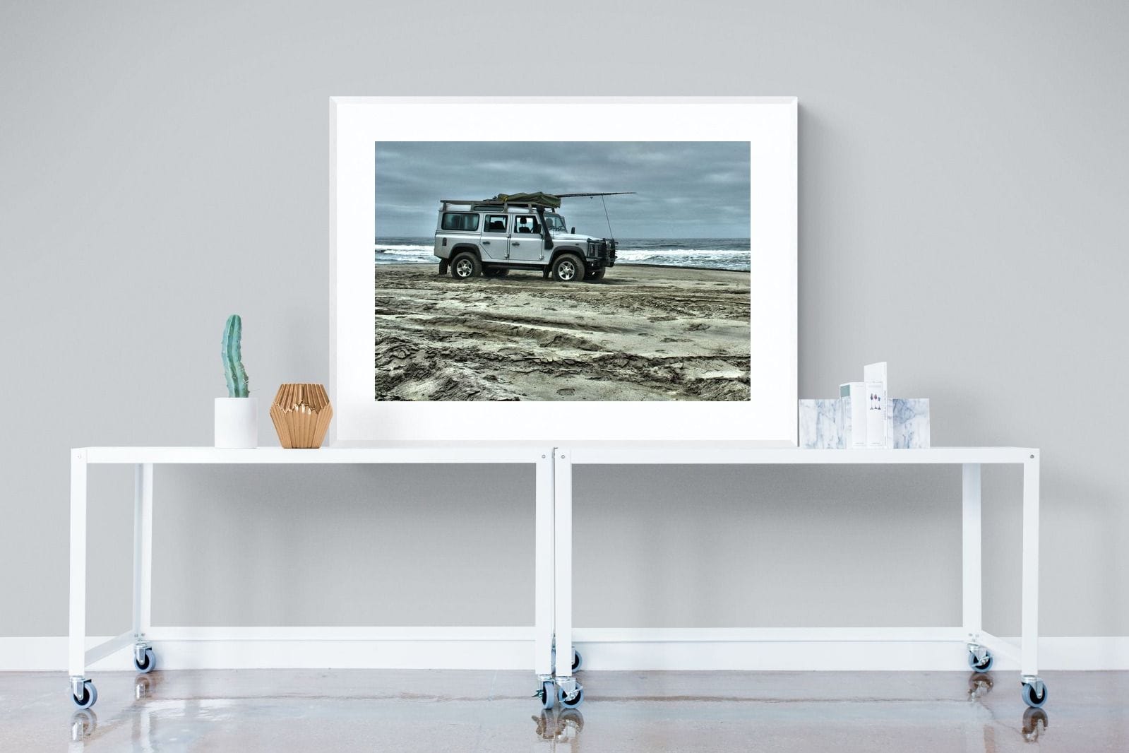Defender at the Beach-Wall_Art-120 x 90cm-Framed Print-White-Pixalot