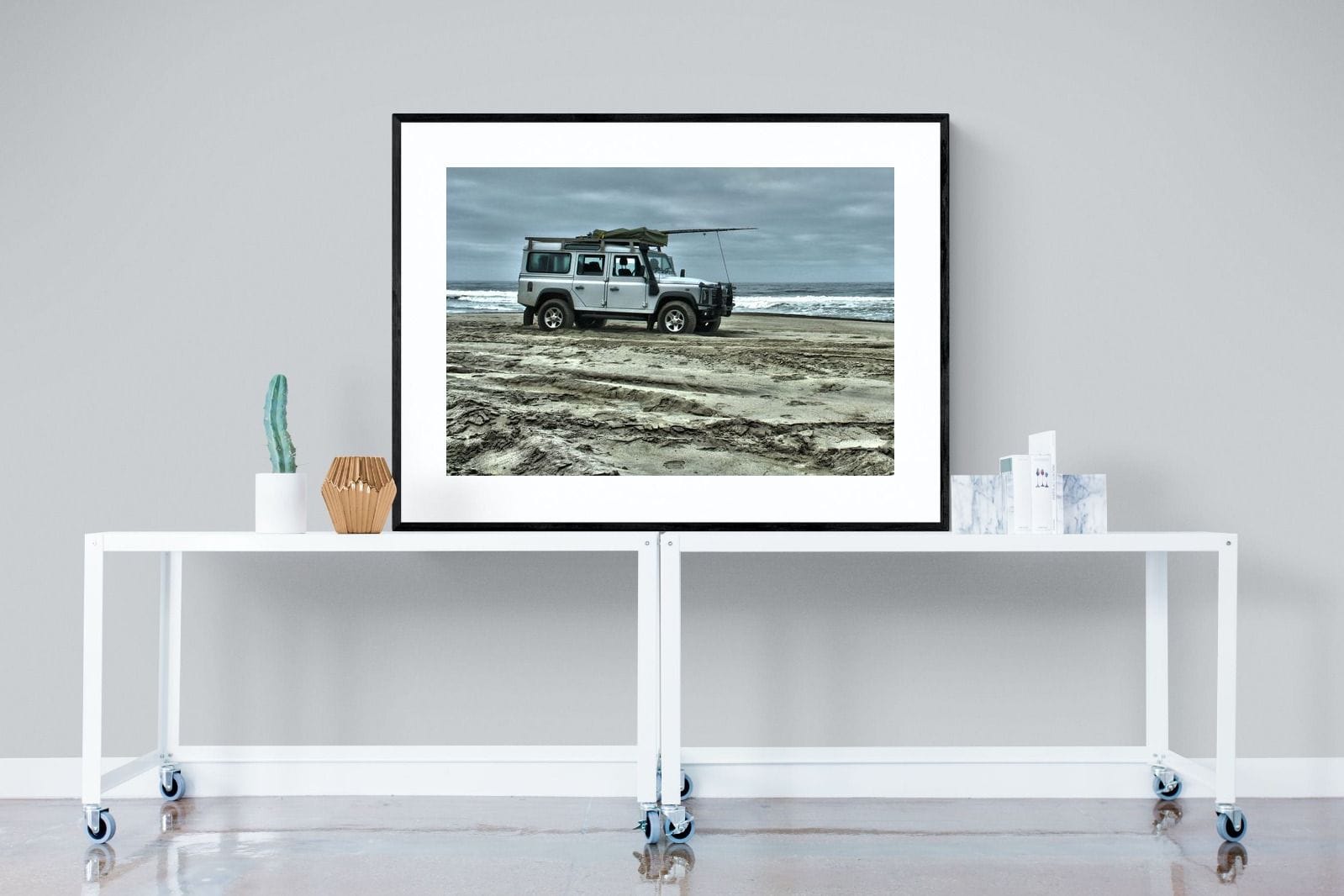 Defender at the Beach-Wall_Art-120 x 90cm-Framed Print-Black-Pixalot