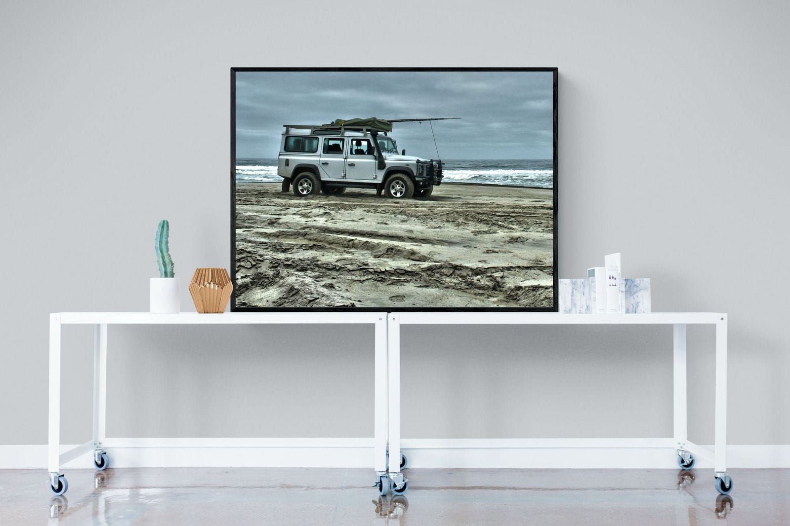 Defender at the Beach-Wall_Art-120 x 90cm-Mounted Canvas-Black-Pixalot