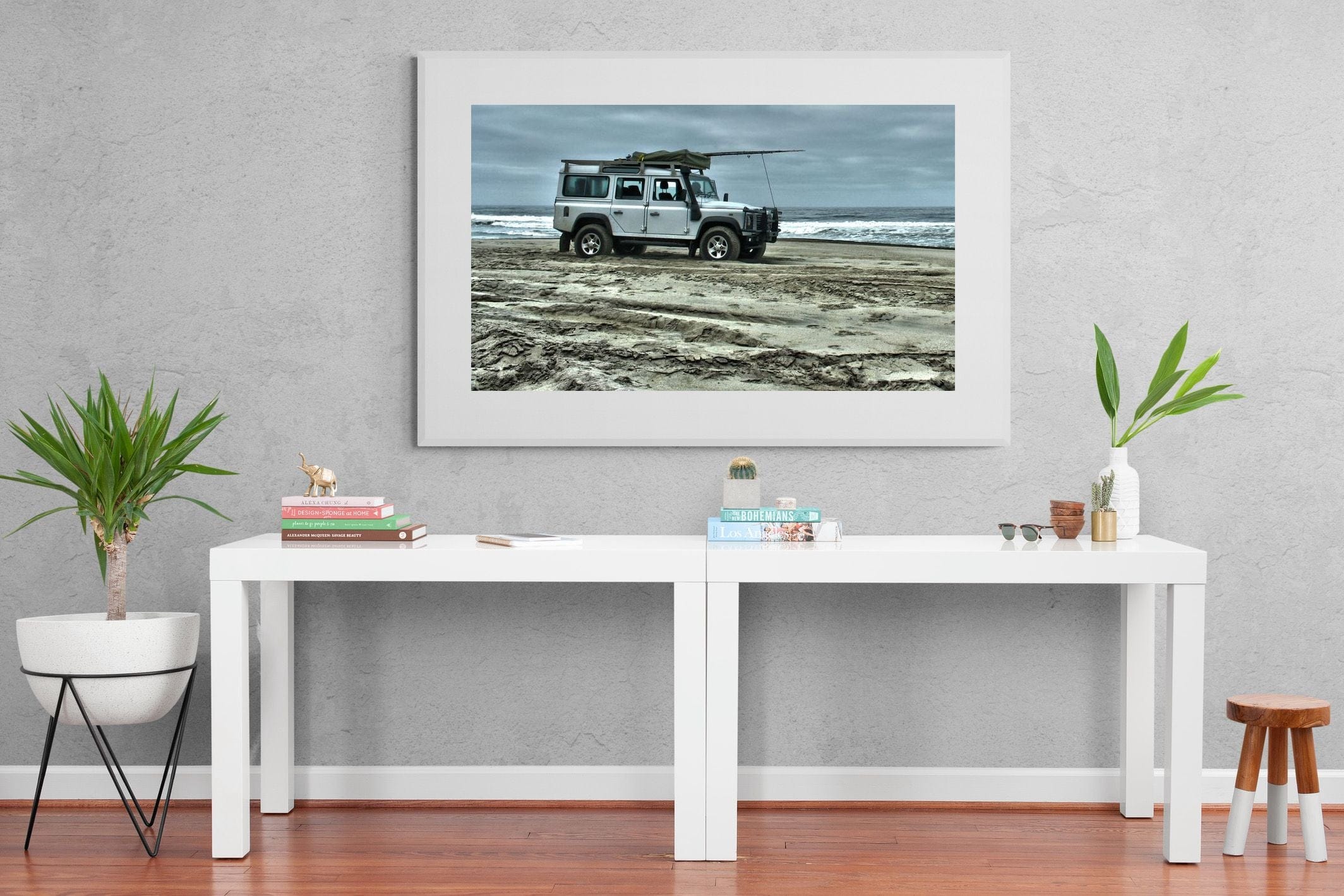 Defender at the Beach-Wall_Art-150 x 100cm-Framed Print-White-Pixalot