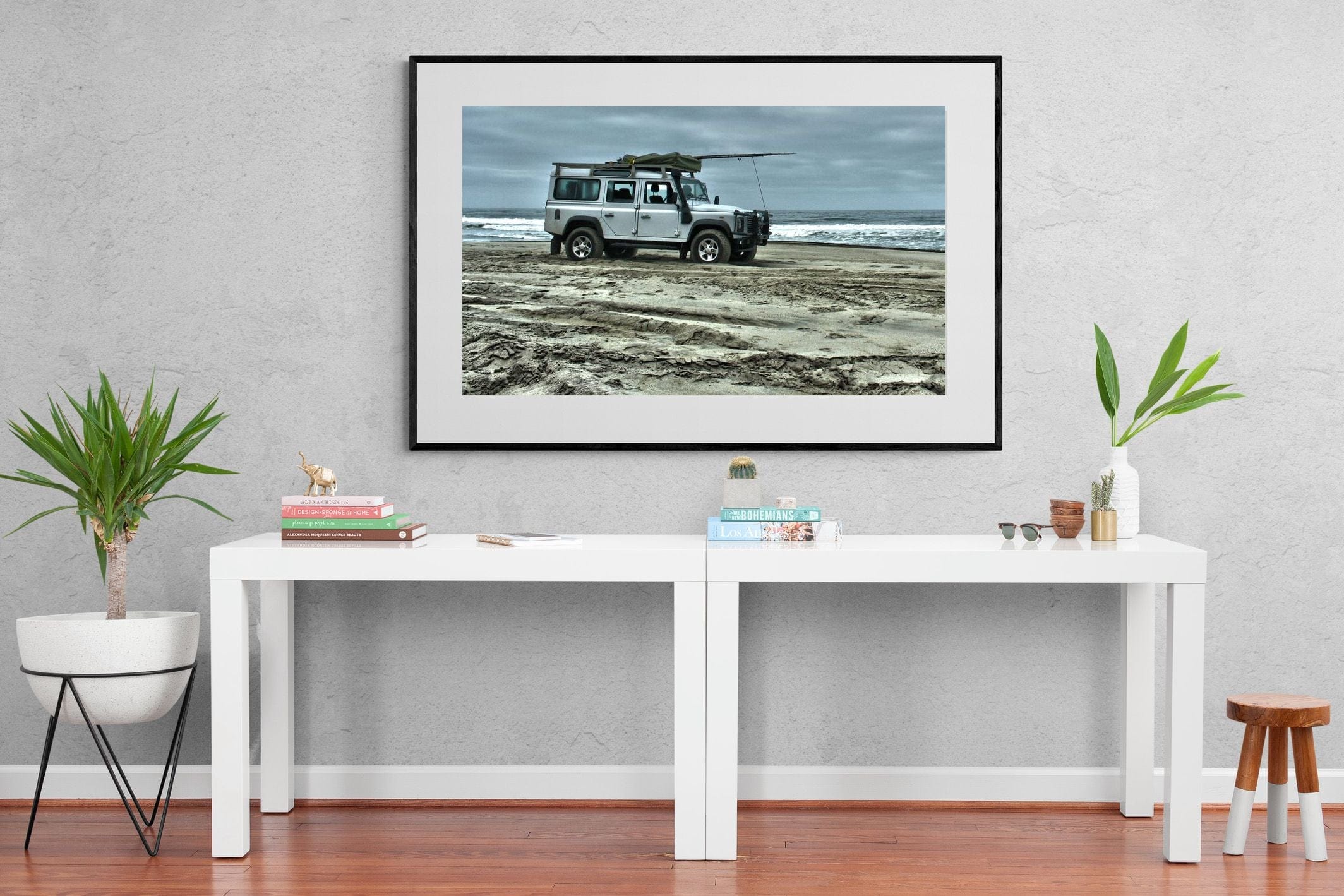 Defender at the Beach-Wall_Art-150 x 100cm-Framed Print-Black-Pixalot