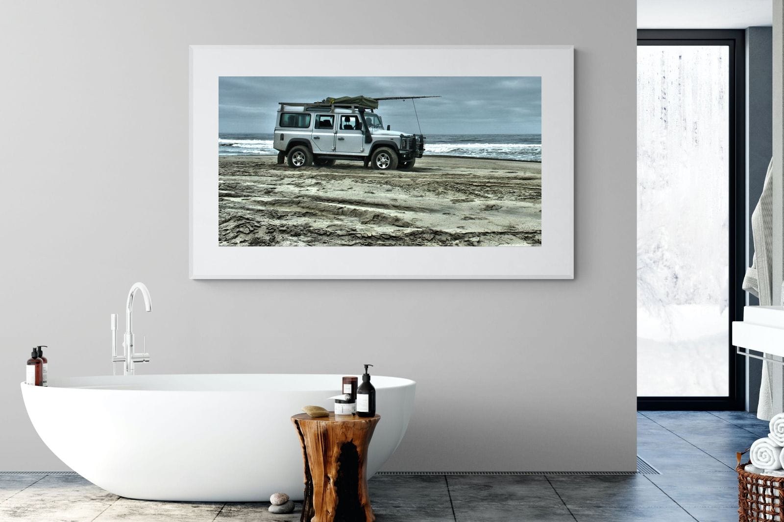 Defender at the Beach-Wall_Art-180 x 110cm-Framed Print-White-Pixalot