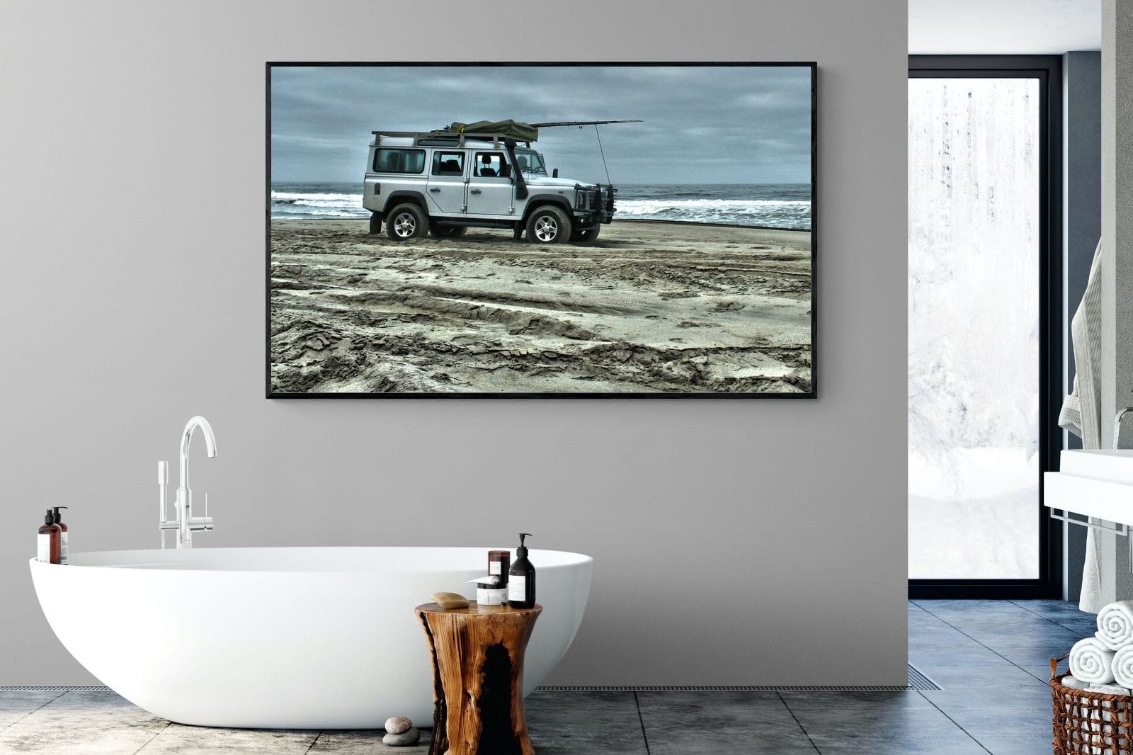 Defender at the Beach-Wall_Art-180 x 110cm-Mounted Canvas-Black-Pixalot