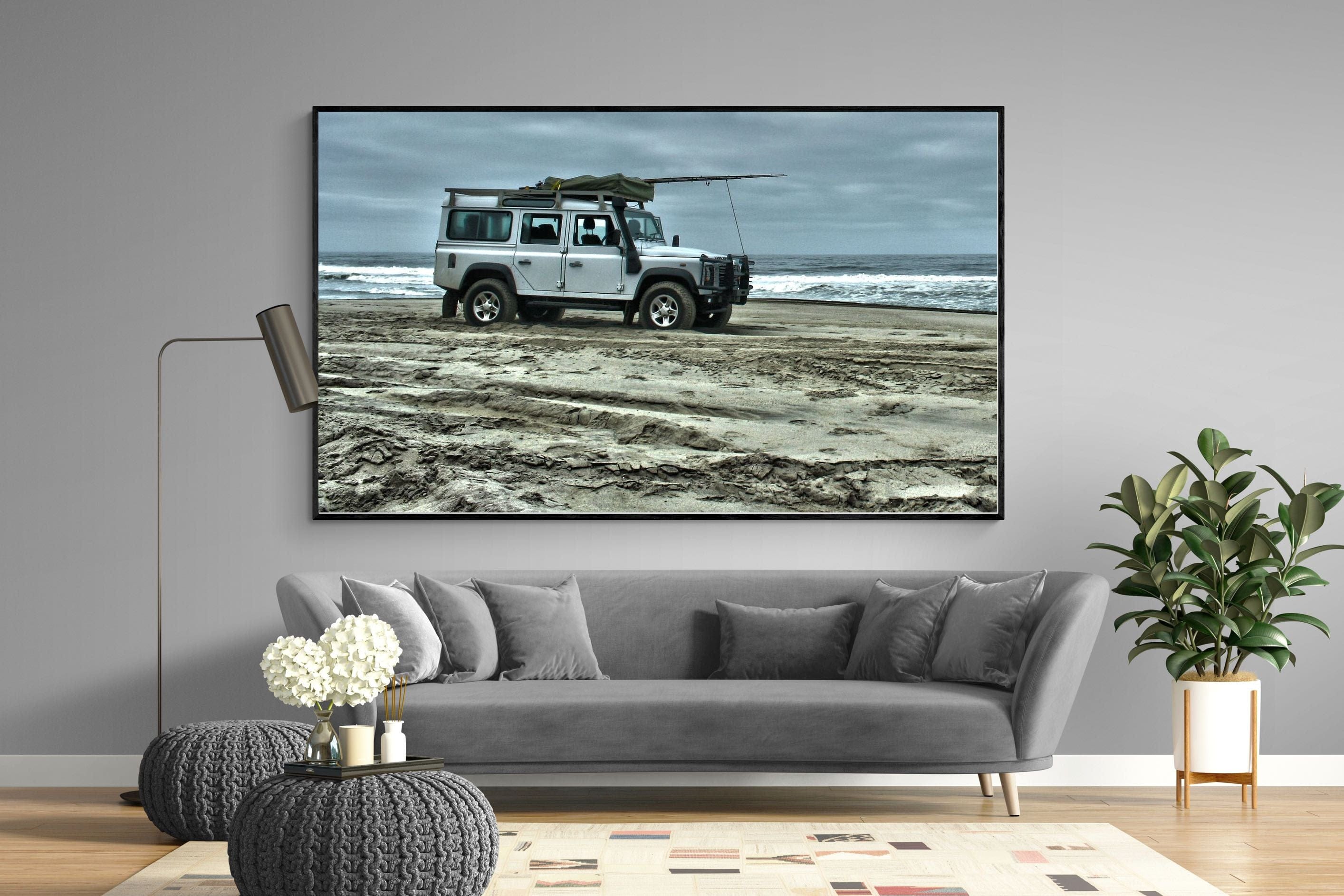 Defender at the Beach-Wall_Art-220 x 130cm-Mounted Canvas-Black-Pixalot
