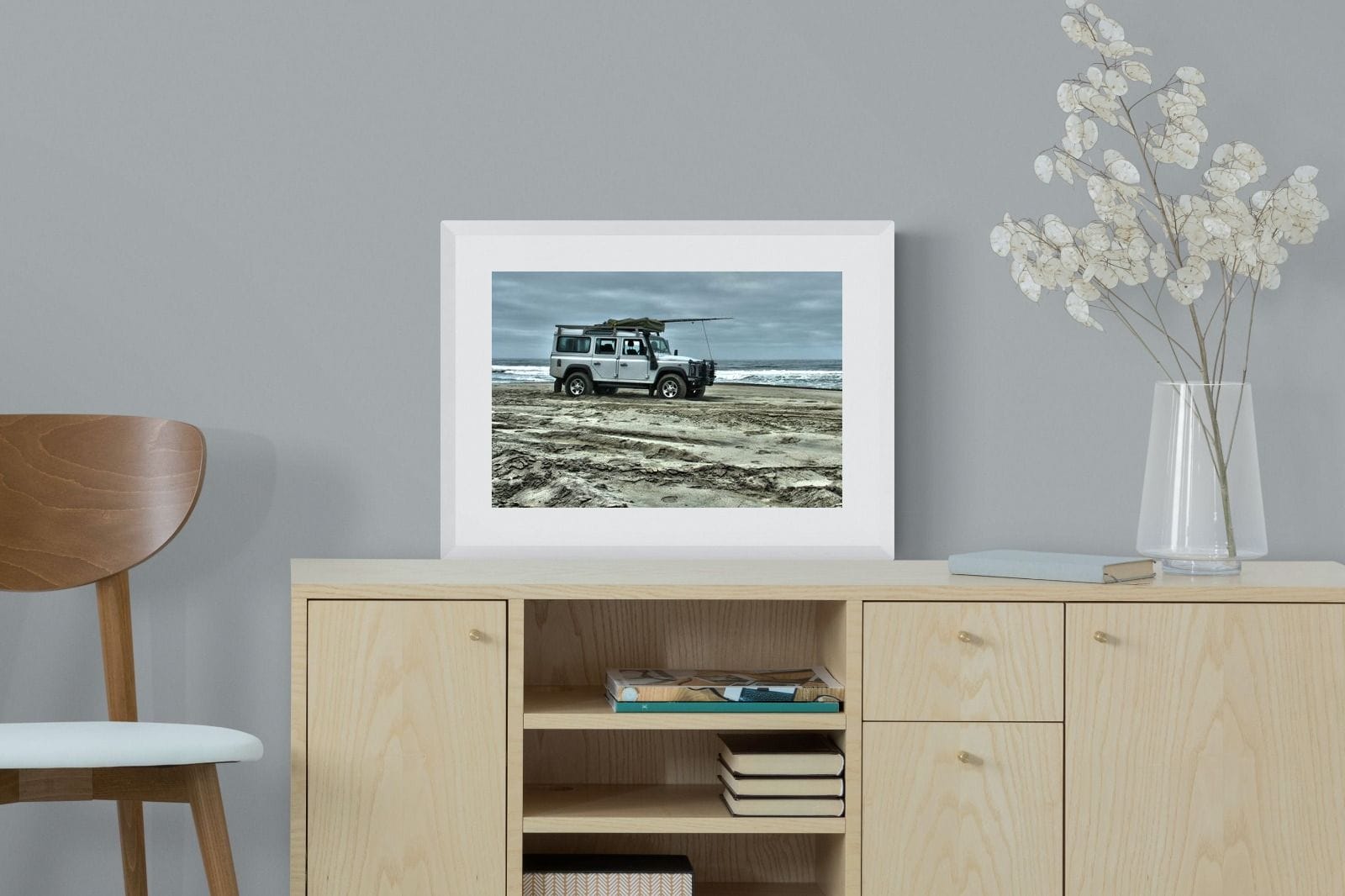Defender at the Beach-Wall_Art-60 x 45cm-Framed Print-White-Pixalot