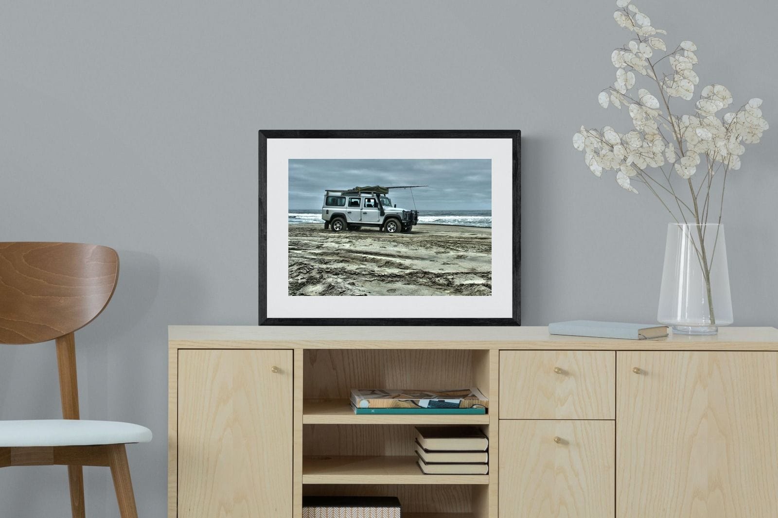 Defender at the Beach-Wall_Art-60 x 45cm-Framed Print-Black-Pixalot