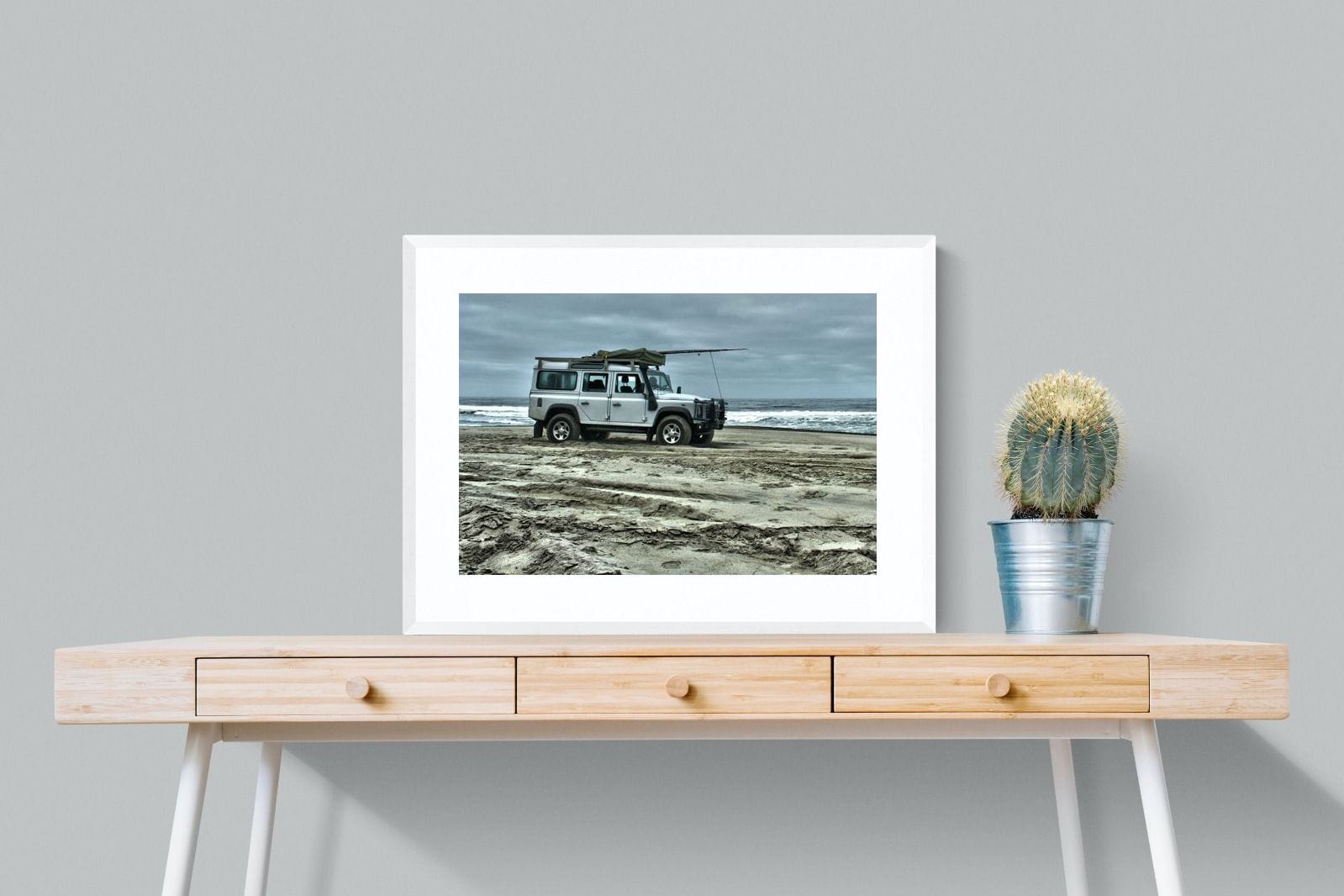Defender at the Beach-Wall_Art-80 x 60cm-Framed Print-White-Pixalot