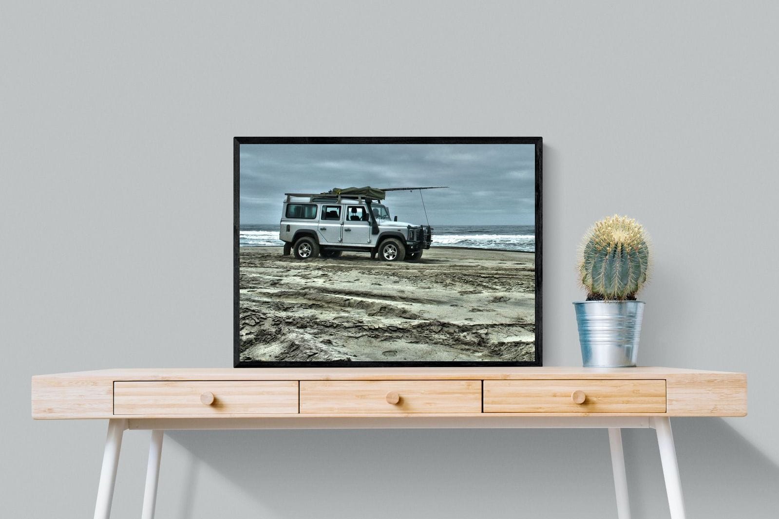 Defender at the Beach-Wall_Art-80 x 60cm-Mounted Canvas-Black-Pixalot