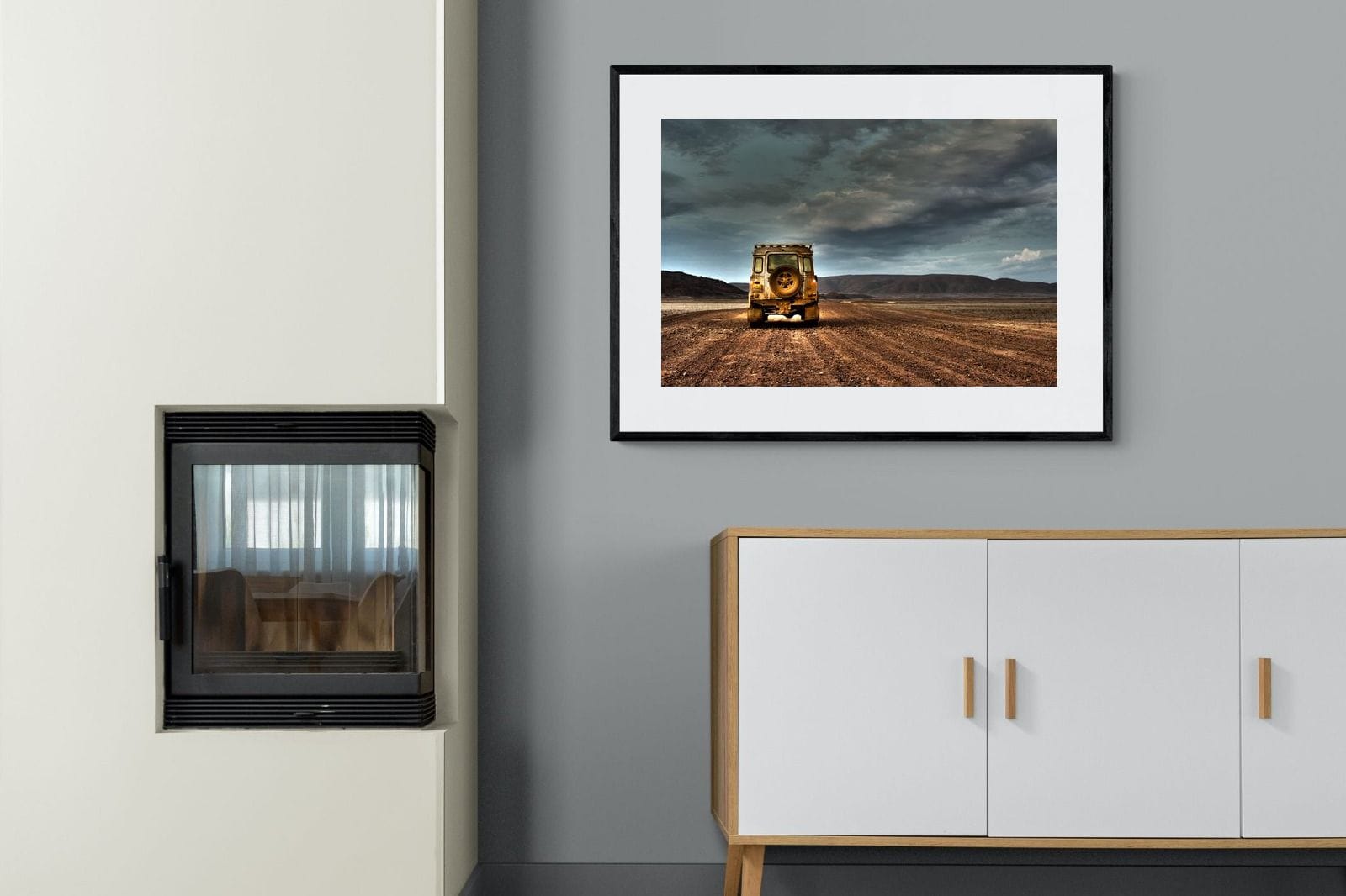 Desert Road Defender-Wall_Art-100 x 75cm-Framed Print-Black-Pixalot