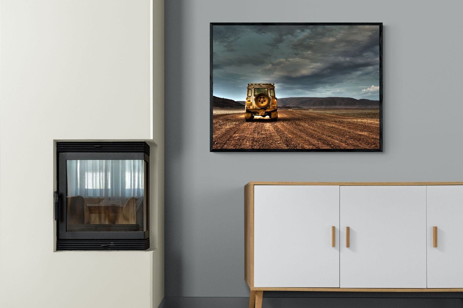Desert Road Defender-Wall_Art-100 x 75cm-Mounted Canvas-Black-Pixalot