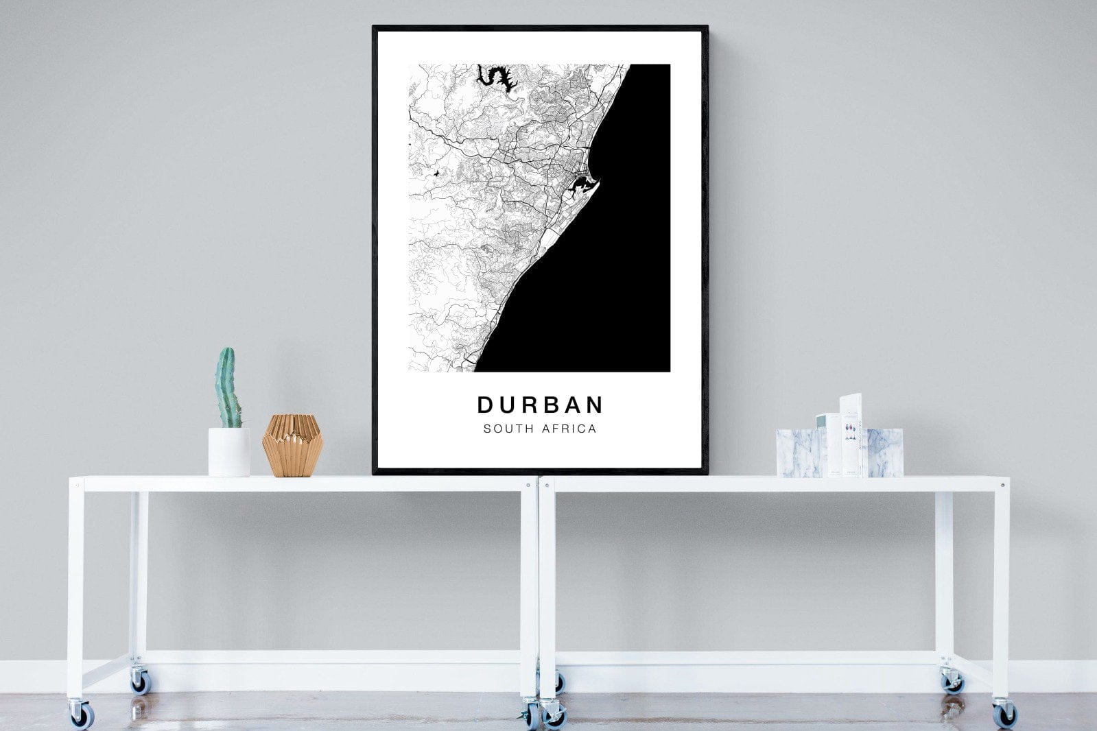 Durban City Map-Wall_Art-90 x 120cm-Mounted Canvas-Black-Pixalot