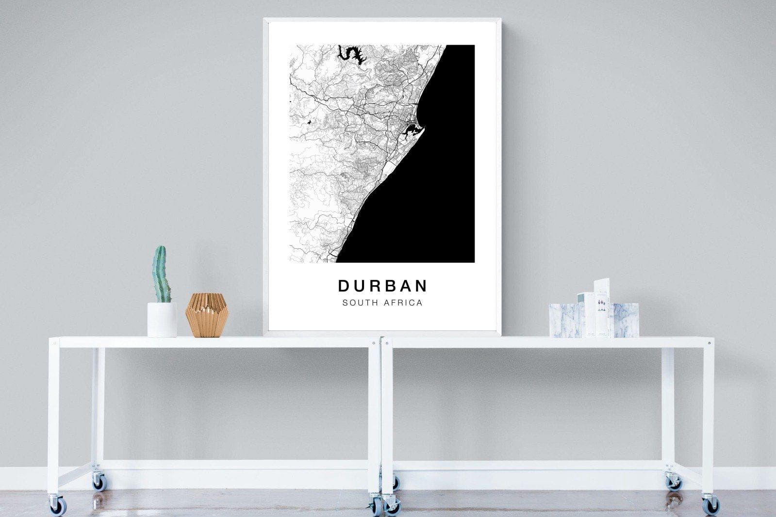 Durban City Map-Wall_Art-90 x 120cm-Mounted Canvas-White-Pixalot