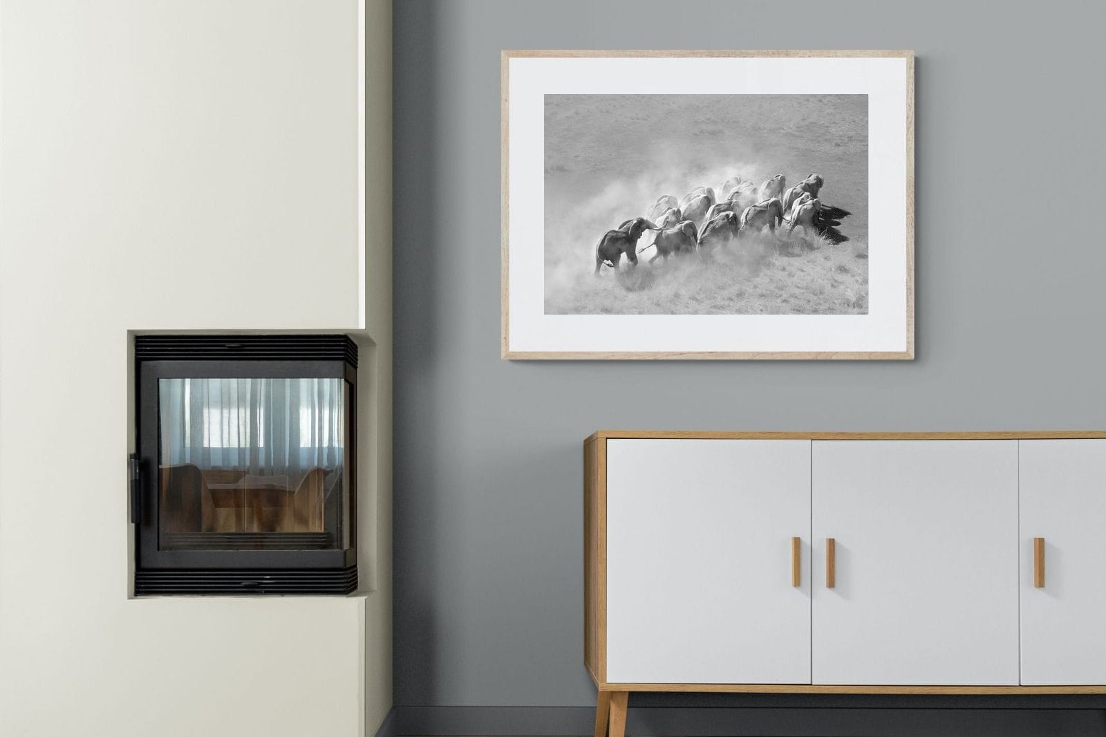 Elephant Convoy (black & white)-Wall_Art-100 x 75cm-Framed Print-Wood-Pixalot