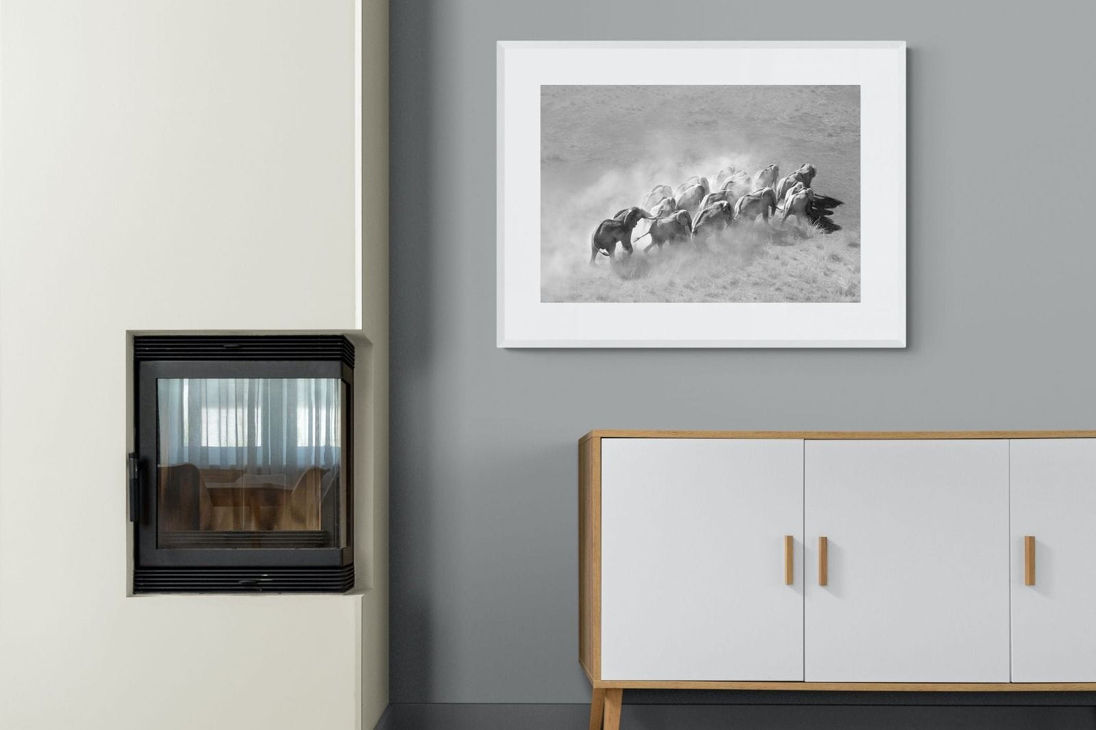 Elephant Convoy (black & white)-Wall_Art-100 x 75cm-Framed Print-White-Pixalot