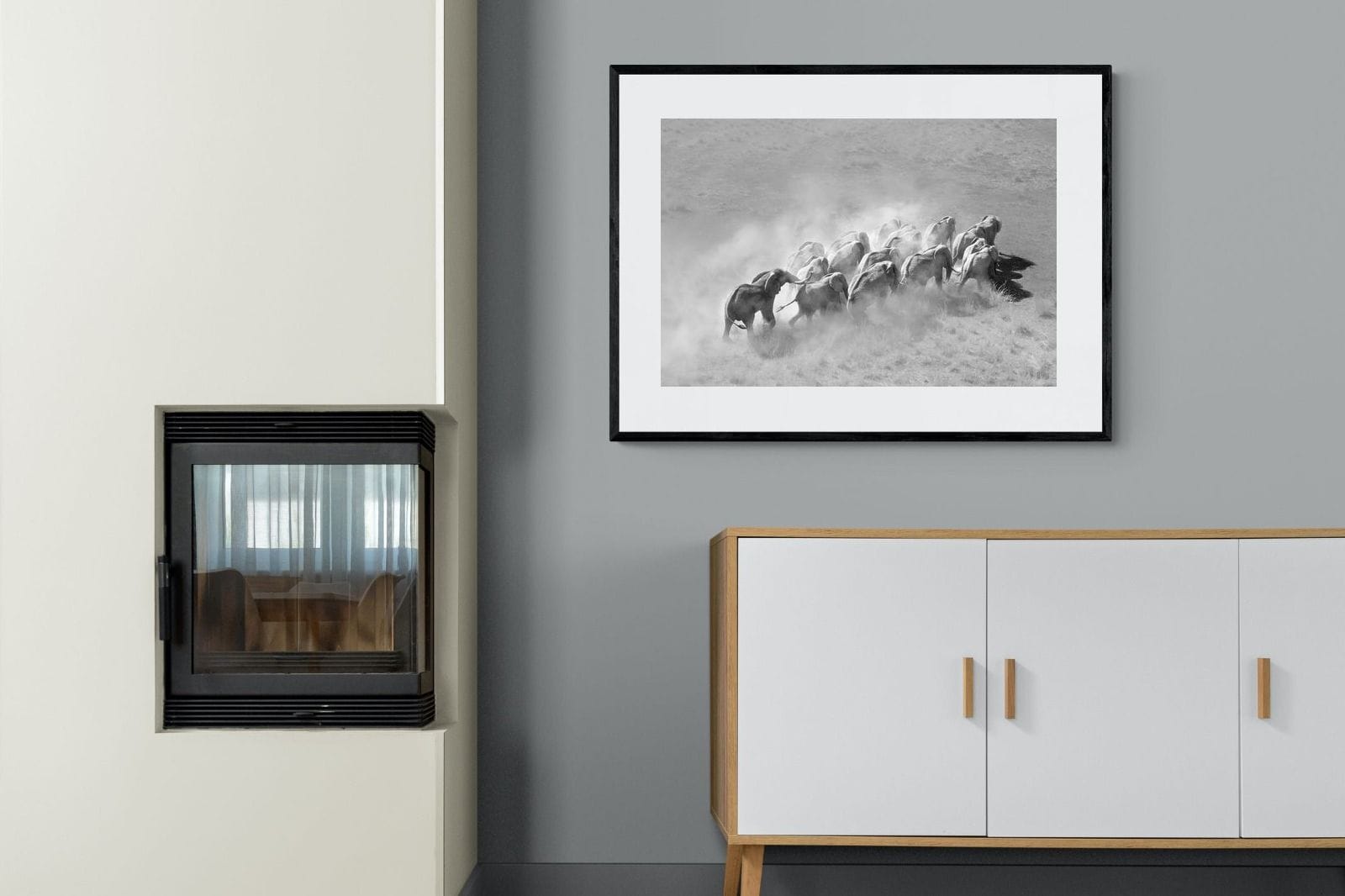 Elephant Convoy (black & white)-Wall_Art-100 x 75cm-Framed Print-Black-Pixalot