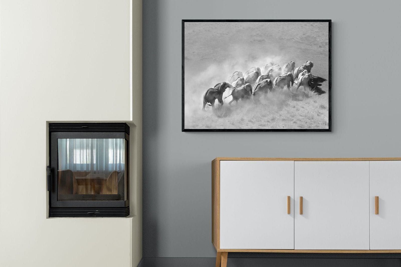 Elephant Convoy (black & white)-Wall_Art-100 x 75cm-Mounted Canvas-Black-Pixalot