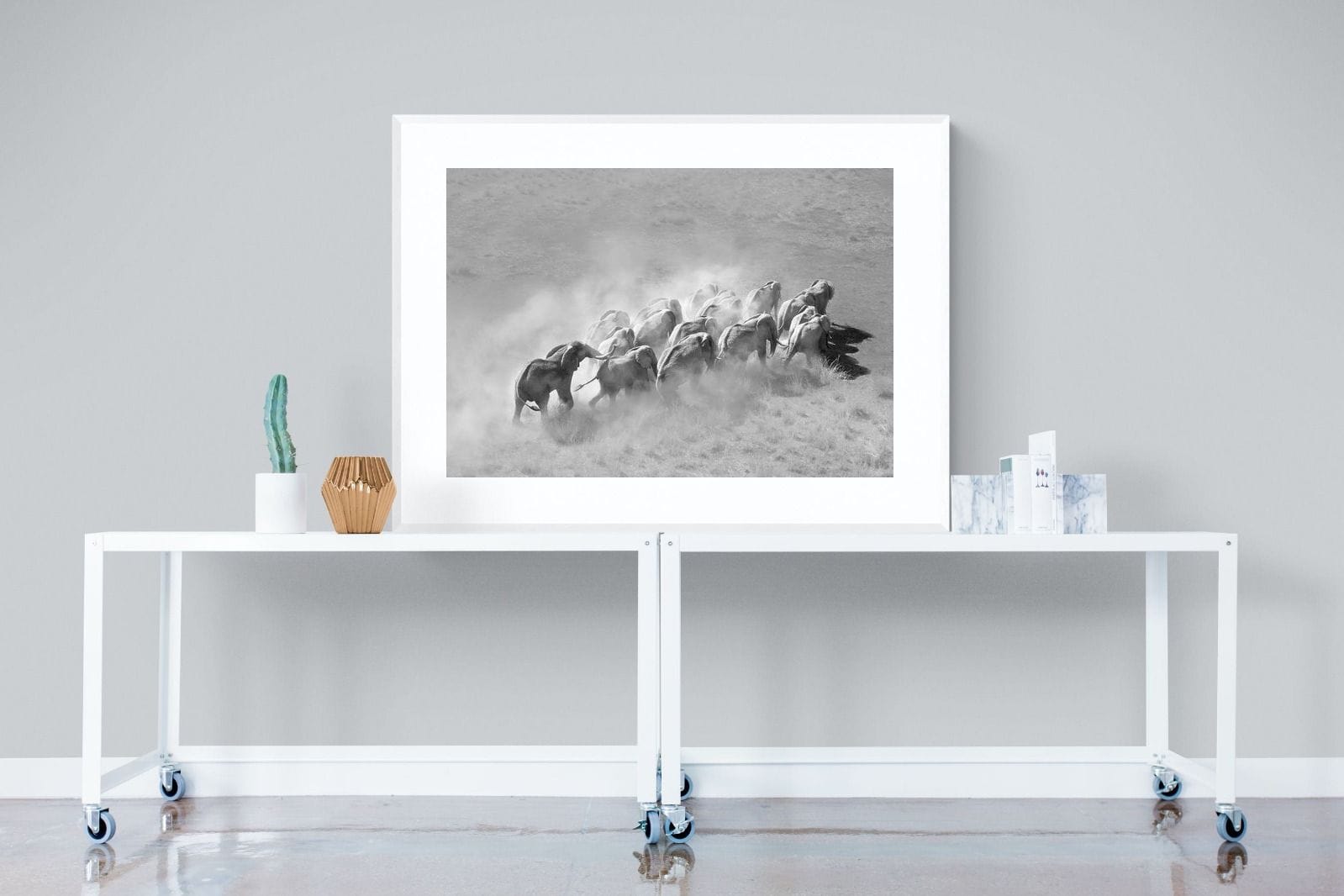 Elephant Convoy (black & white)-Wall_Art-120 x 90cm-Framed Print-White-Pixalot