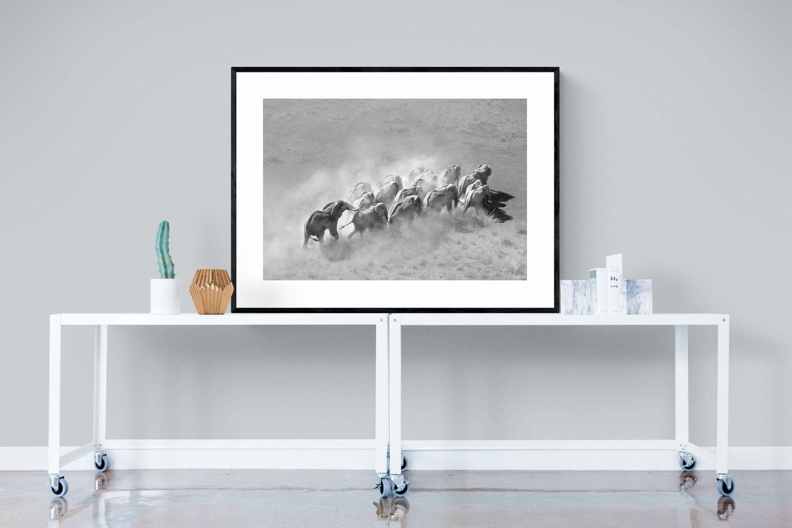 Elephant Convoy (black & white)-Wall_Art-120 x 90cm-Framed Print-Black-Pixalot