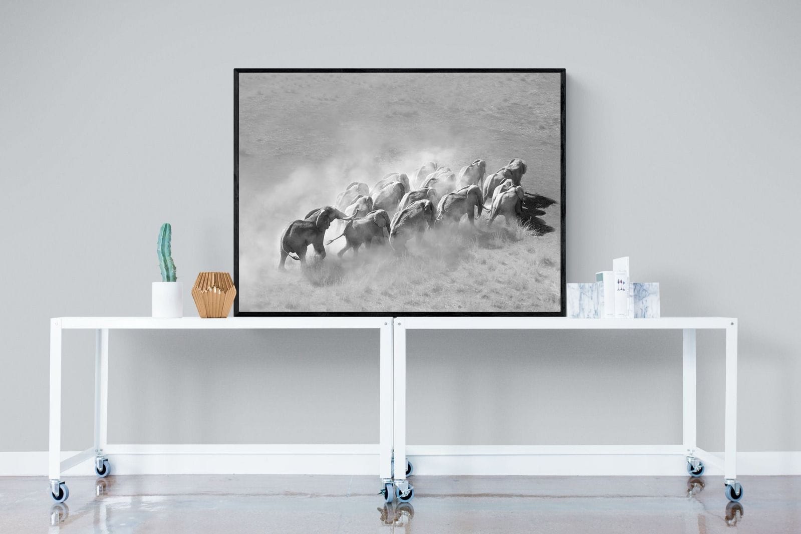 Elephant Convoy (black & white)-Wall_Art-120 x 90cm-Mounted Canvas-Black-Pixalot