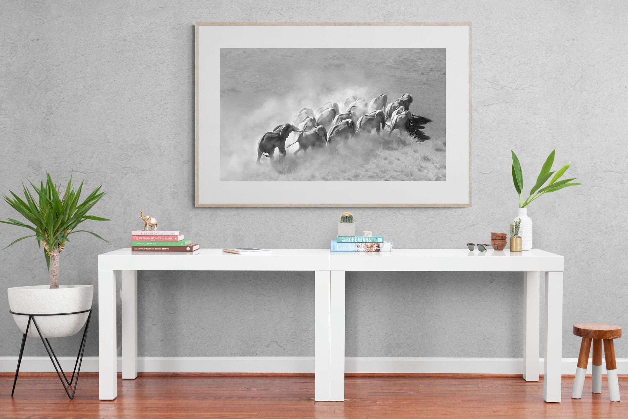 Elephant Convoy (black & white)-Wall_Art-150 x 100cm-Framed Print-Wood-Pixalot