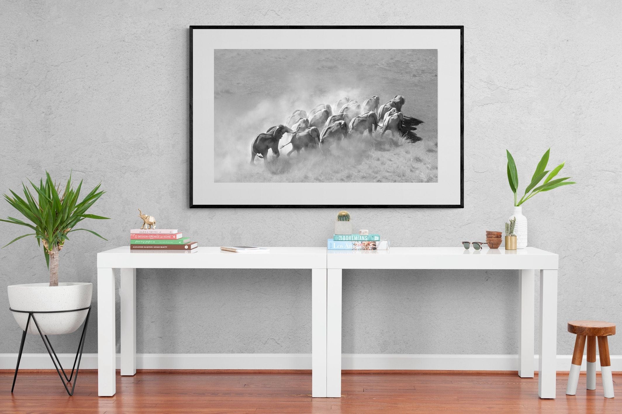 Elephant Convoy (black & white)-Wall_Art-150 x 100cm-Framed Print-Black-Pixalot
