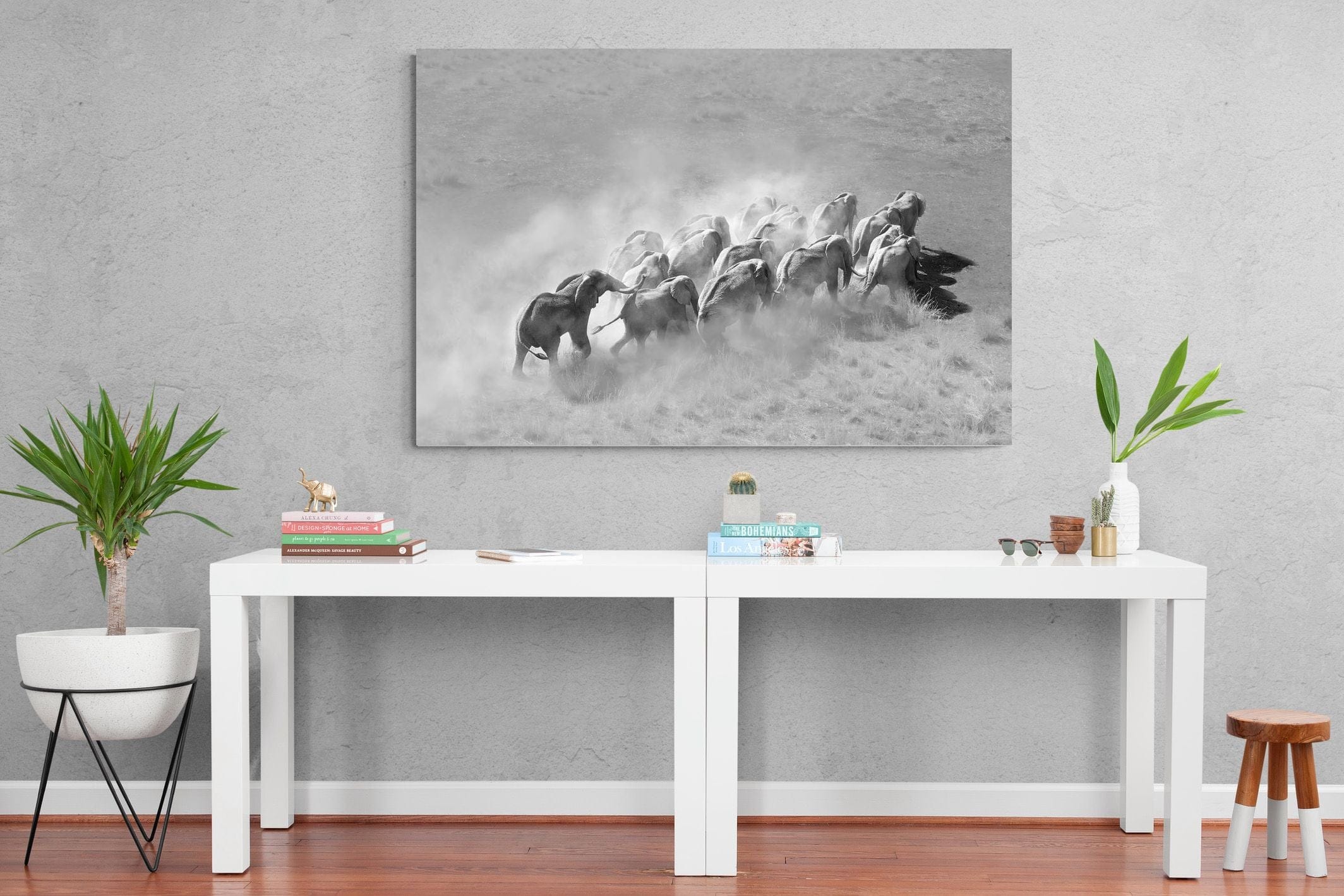 Elephant Convoy (black & white)-Wall_Art-150 x 100cm-Mounted Canvas-No Frame-Pixalot
