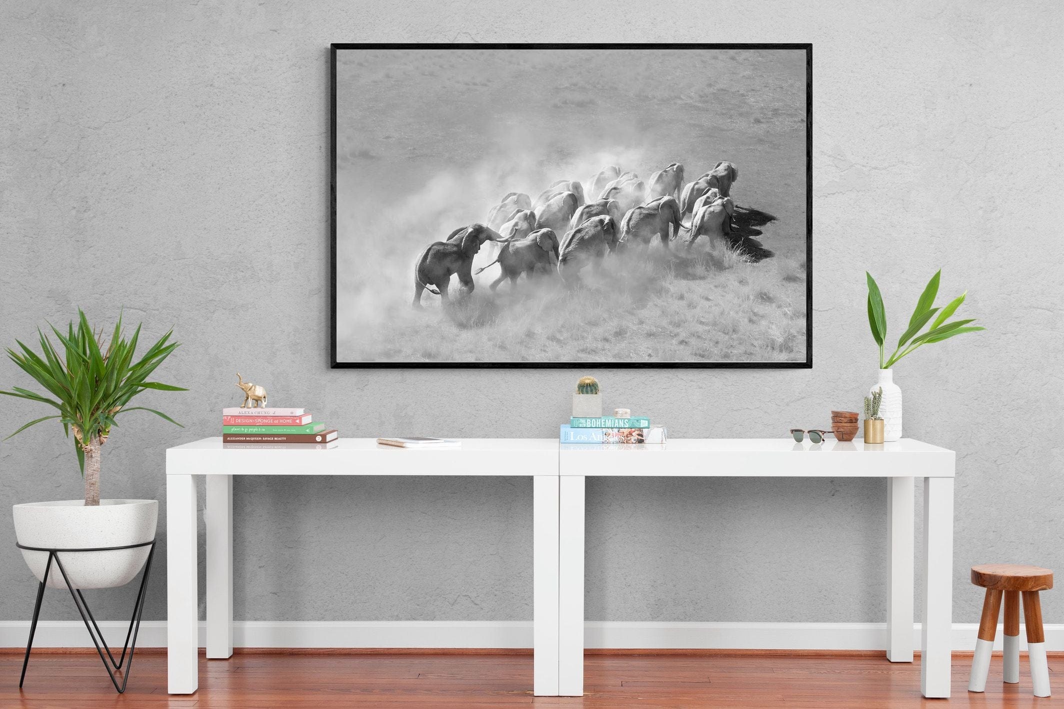 Elephant Convoy (black & white)-Wall_Art-150 x 100cm-Mounted Canvas-Black-Pixalot