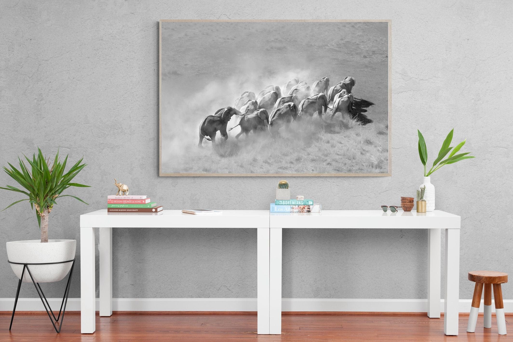 Elephant Convoy (black & white)-Wall_Art-150 x 100cm-Mounted Canvas-Wood-Pixalot