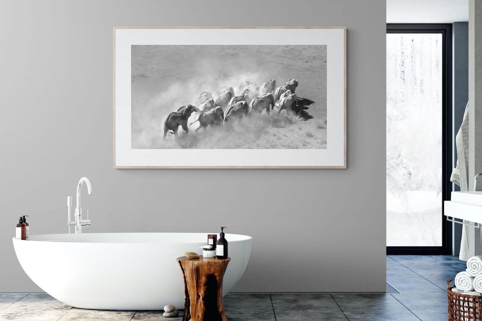 Elephant Convoy (black & white)-Wall_Art-180 x 110cm-Framed Print-Wood-Pixalot