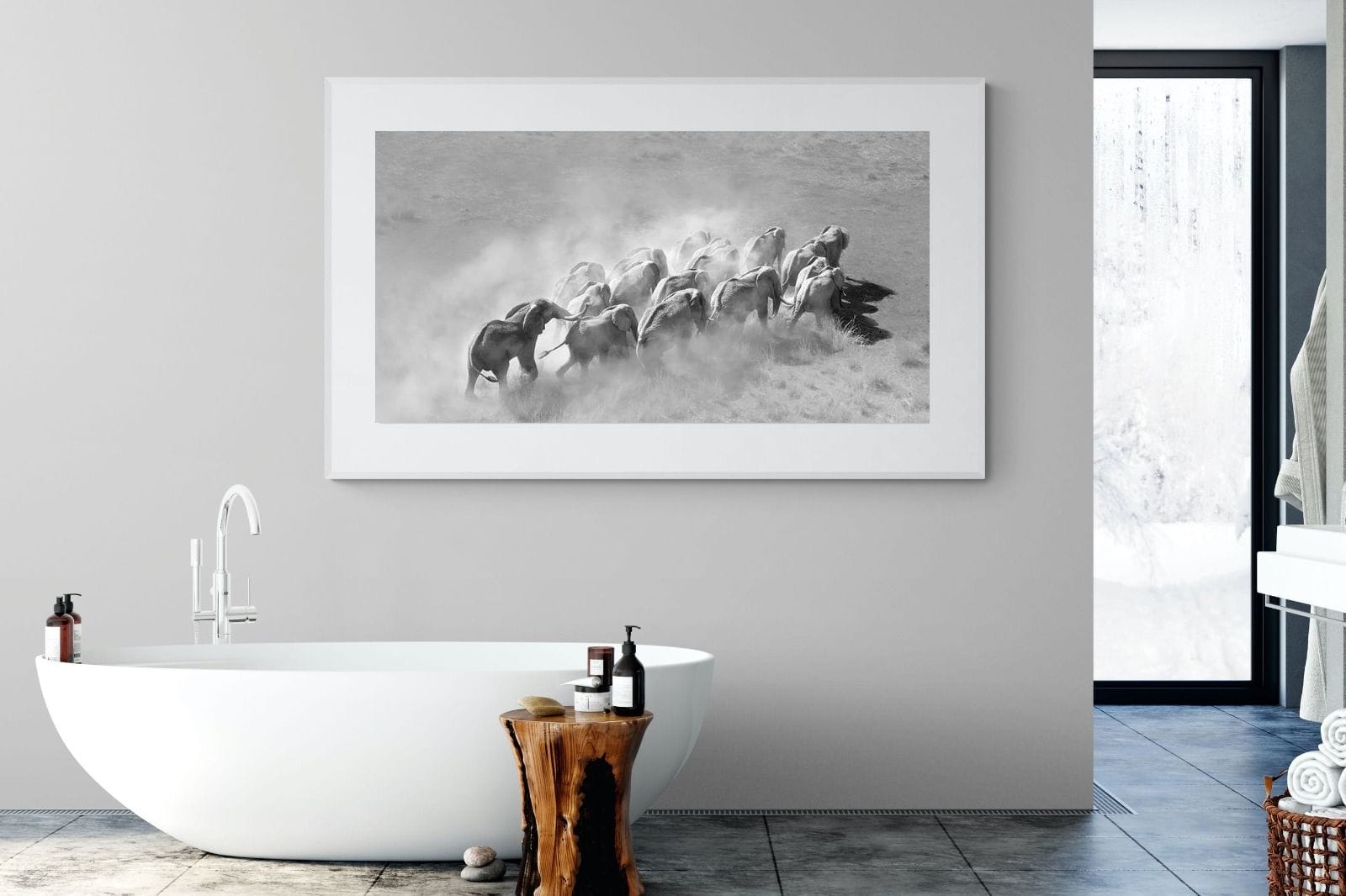 Elephant Convoy (black & white)-Wall_Art-180 x 110cm-Framed Print-White-Pixalot