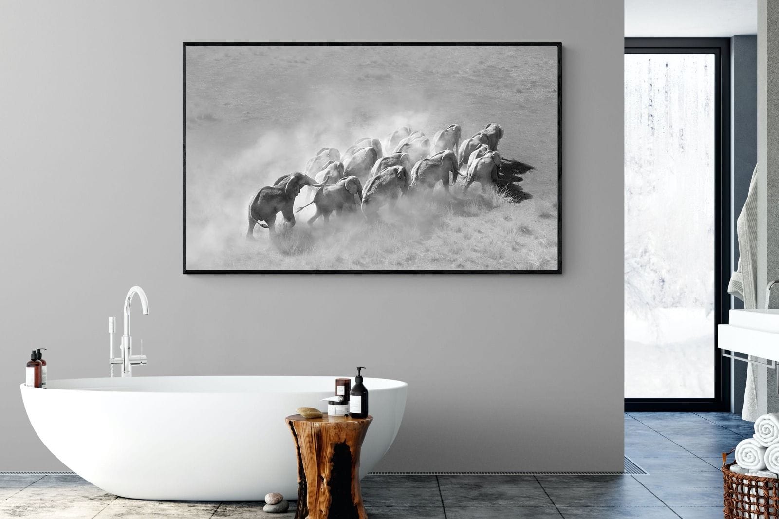 Elephant Convoy (black & white)-Wall_Art-180 x 110cm-Mounted Canvas-Black-Pixalot