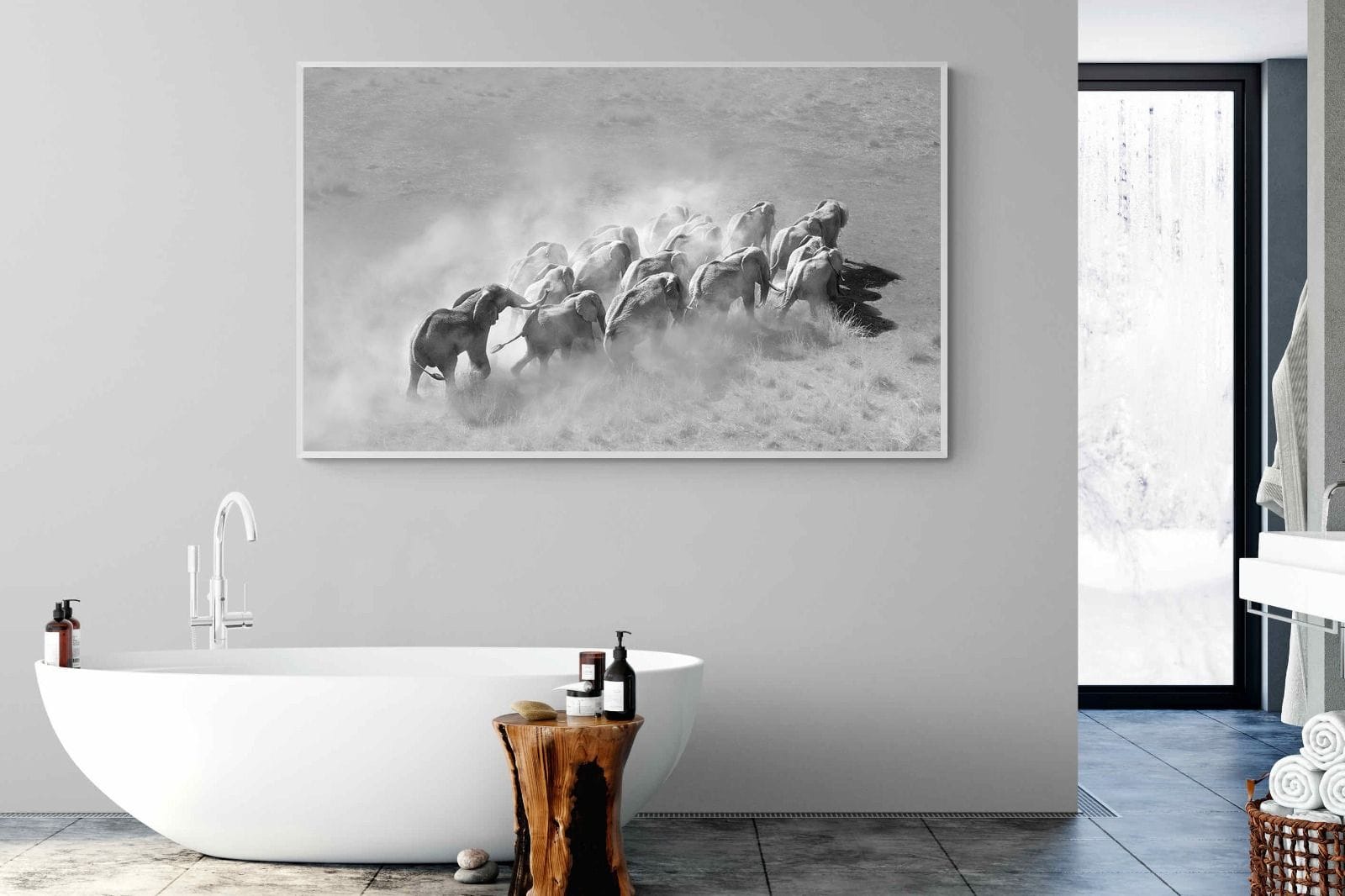 Elephant Convoy (black & white)-Wall_Art-180 x 110cm-Mounted Canvas-White-Pixalot