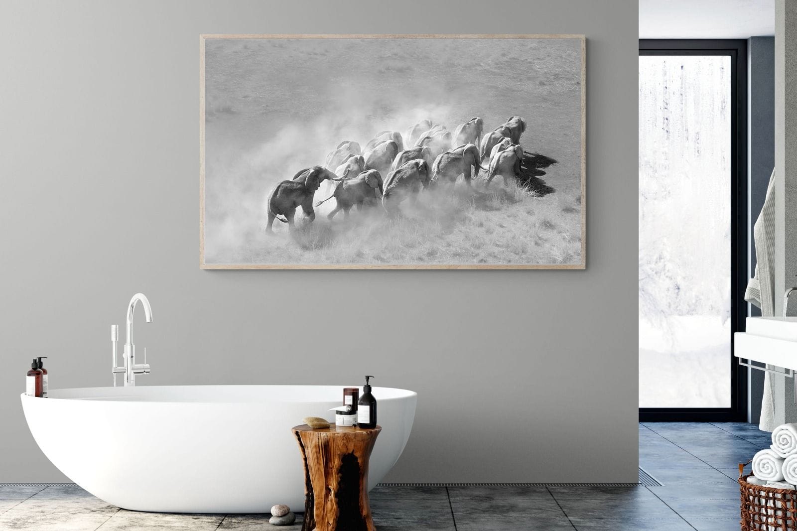 Elephant Convoy (black & white)-Wall_Art-180 x 110cm-Mounted Canvas-Wood-Pixalot