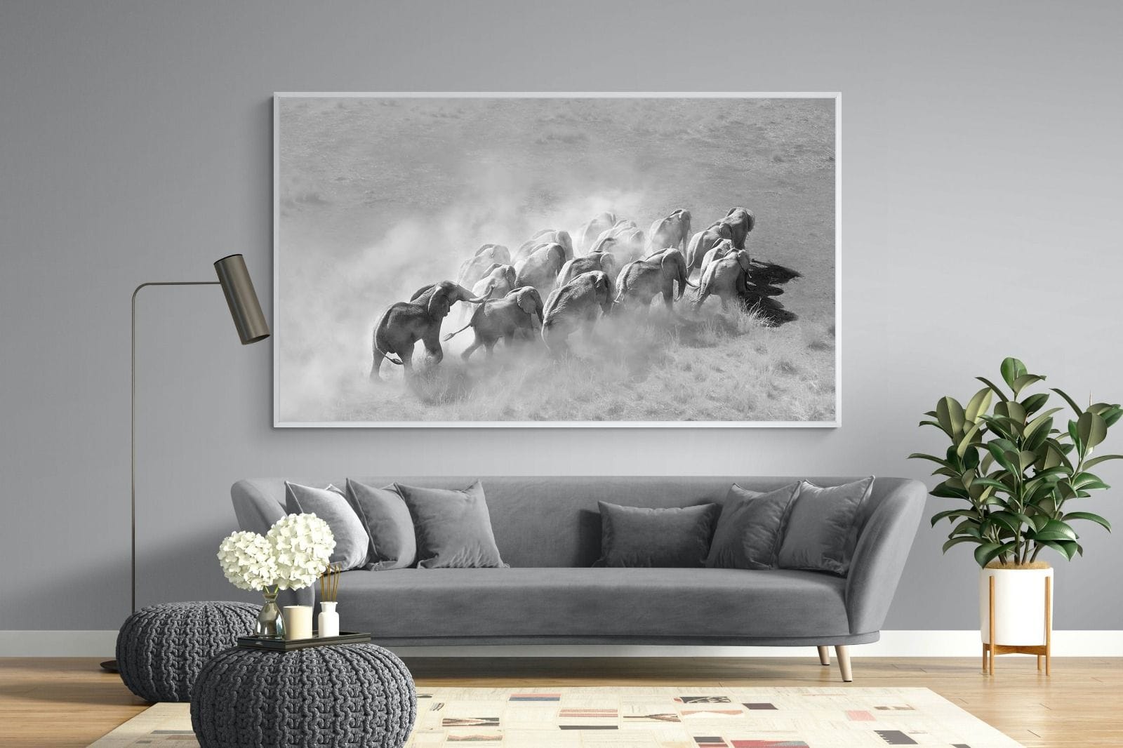 Elephant Convoy (black & white)-Wall_Art-220 x 130cm-Mounted Canvas-White-Pixalot