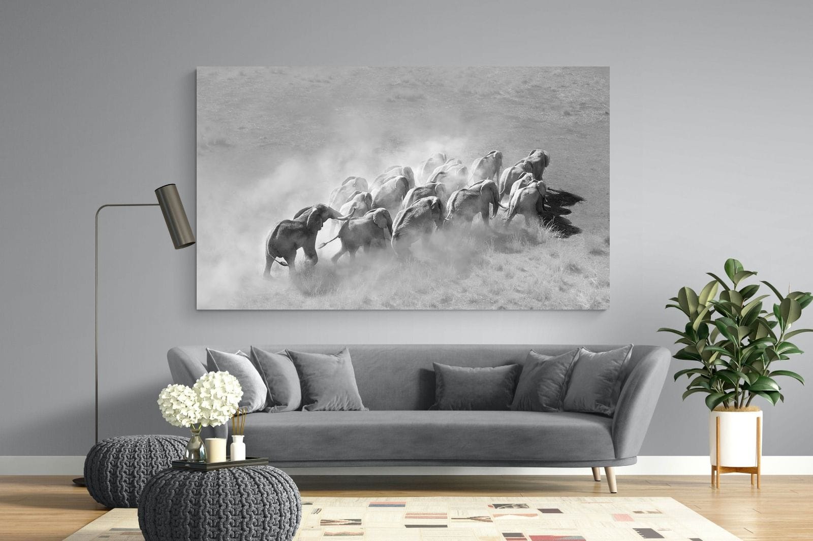 Elephant Convoy (black & white)-Wall_Art-220 x 130cm-Mounted Canvas-No Frame-Pixalot