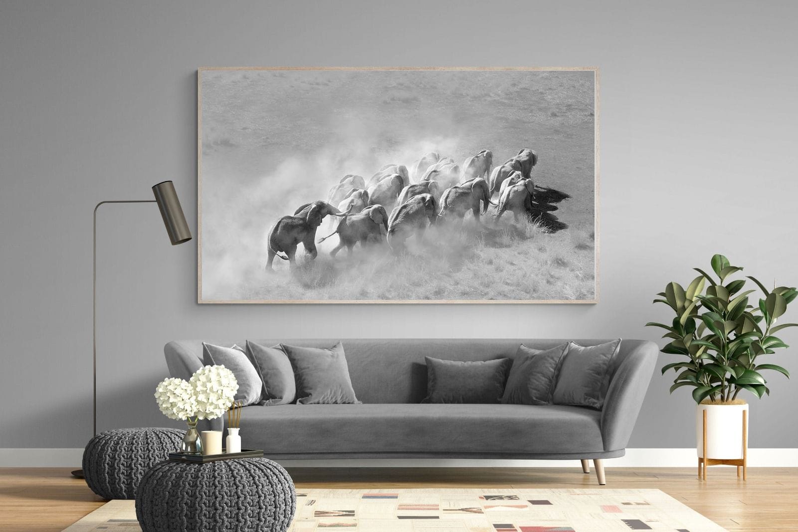 Elephant Convoy (black & white)-Wall_Art-220 x 130cm-Mounted Canvas-Wood-Pixalot