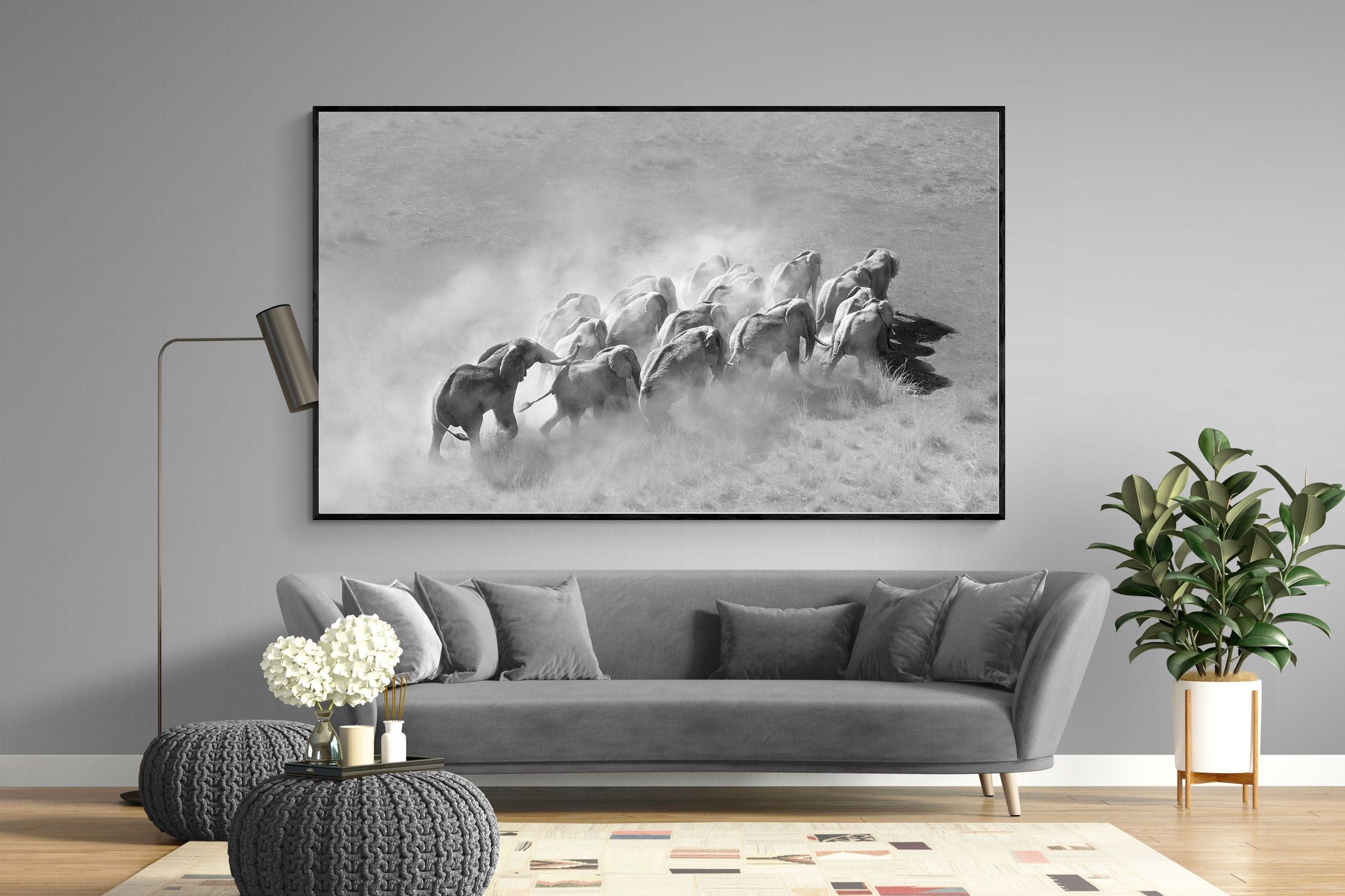 Elephant Convoy (black & white)-Wall_Art-220 x 130cm-Mounted Canvas-Black-Pixalot