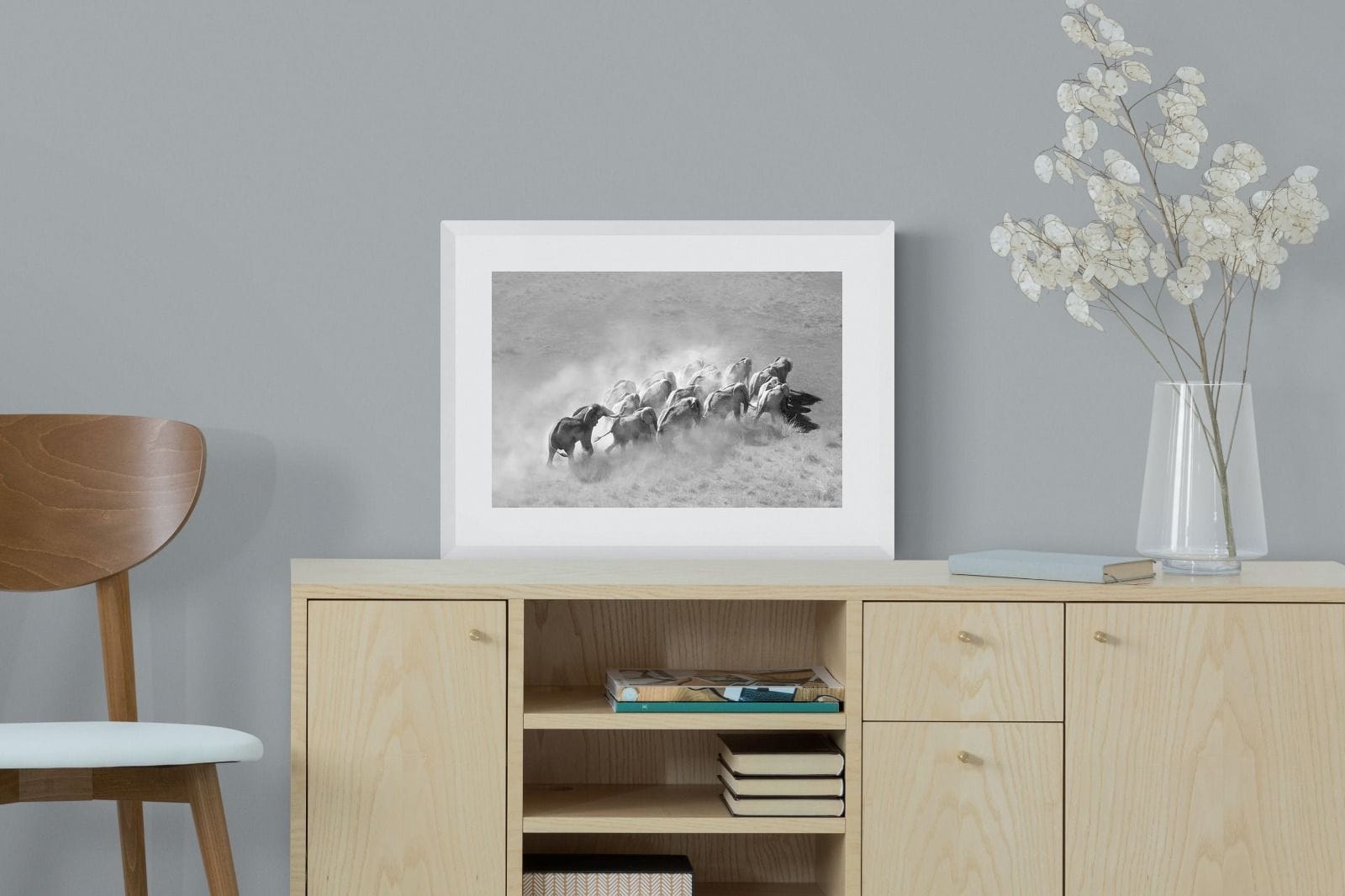 Elephant Convoy (black & white)-Wall_Art-60 x 45cm-Framed Print-White-Pixalot